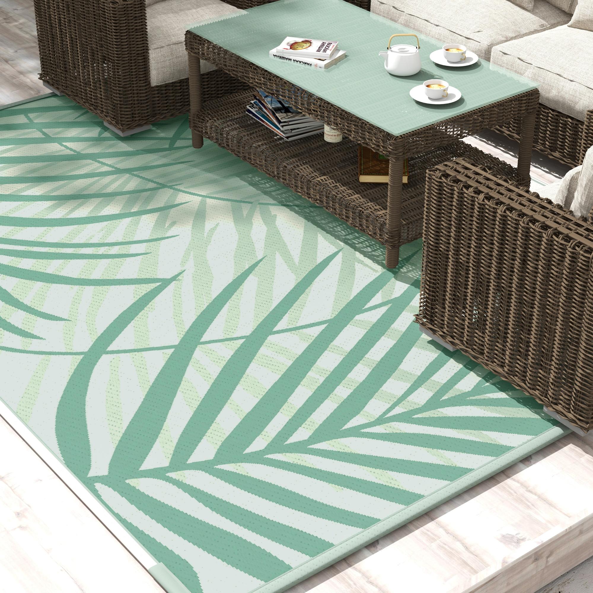 Outsunny Outdoorteppich Terrassenteppich, wetterbeständig, modernes Design, 365 cm x 274 cm x 0,3cm, Grün + Creme