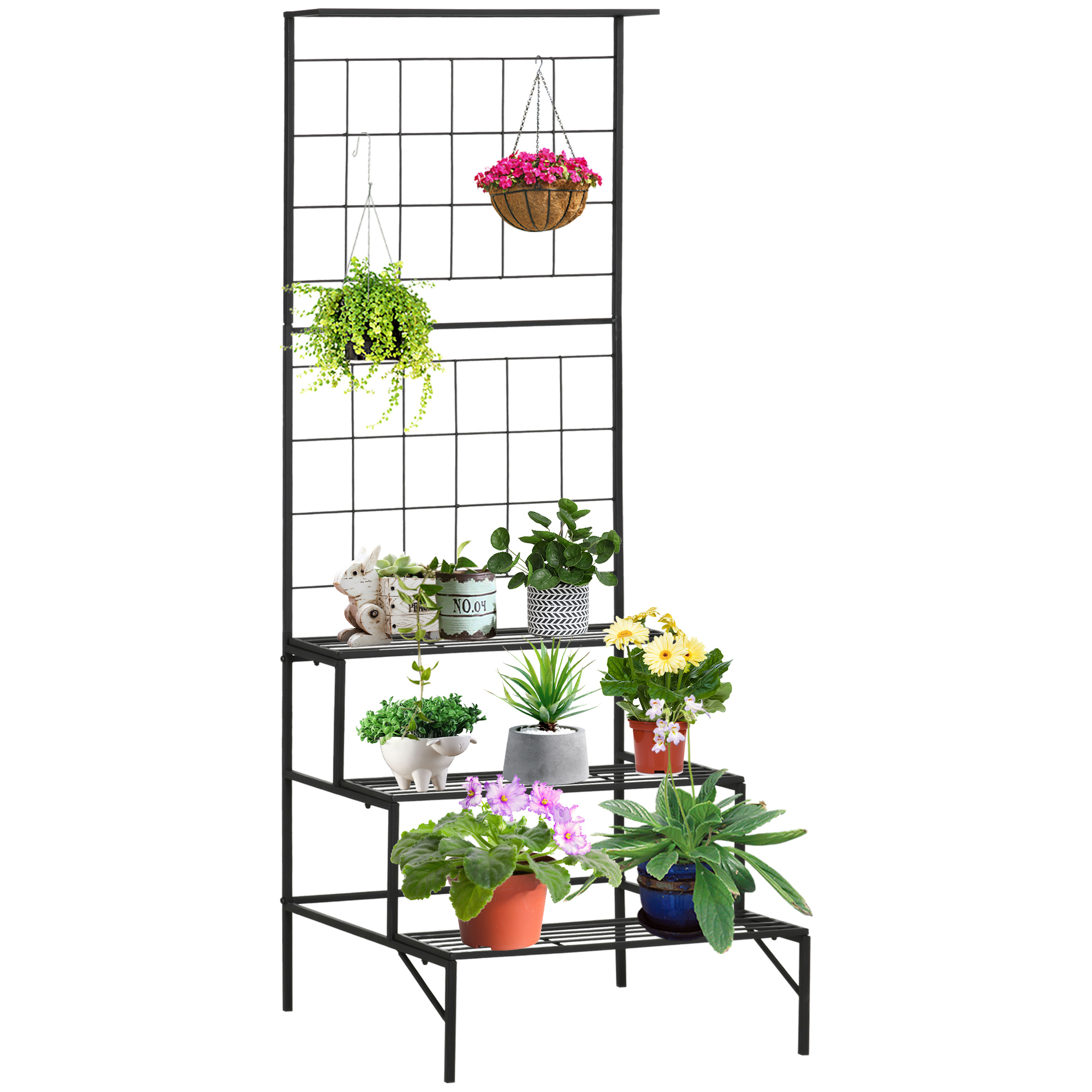 Outsunny Blumentreppe aus Metall 3 Stufen Pflanzenständer Pflanzentreppe Leiterregal Blumenständer innen draußen Schwarz 60 x 53,5 x 159,5 cm