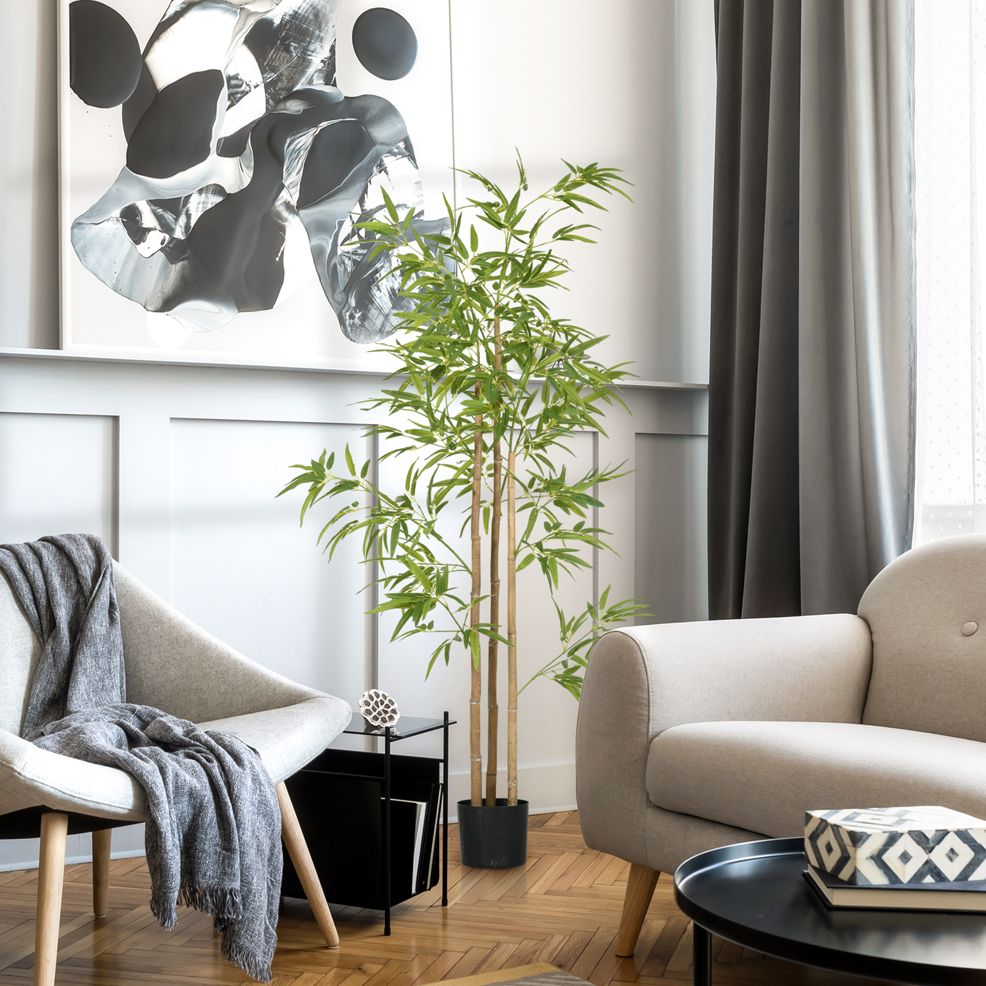 HOMCOM Kunstpflanze, Bambus, 3 Stämme, 830 Blätter, pflegeleicht, 180 cm, Zementtopf