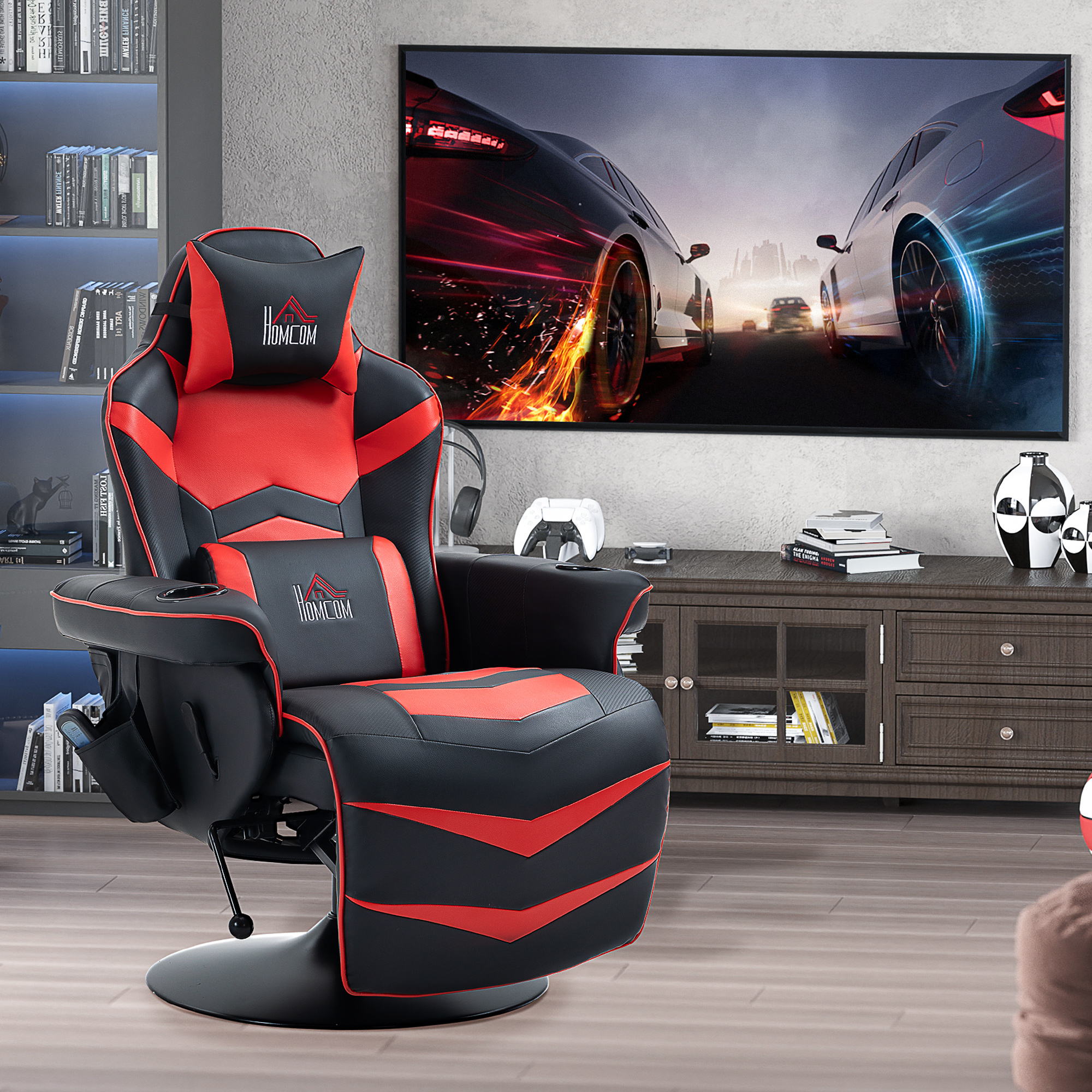 HOMCOM Gamingsessel, Massagefunktion, neigbare Lehne, Fußstütze, bis 120 kg, Stahlrahmen, Kunstleder, Rot
