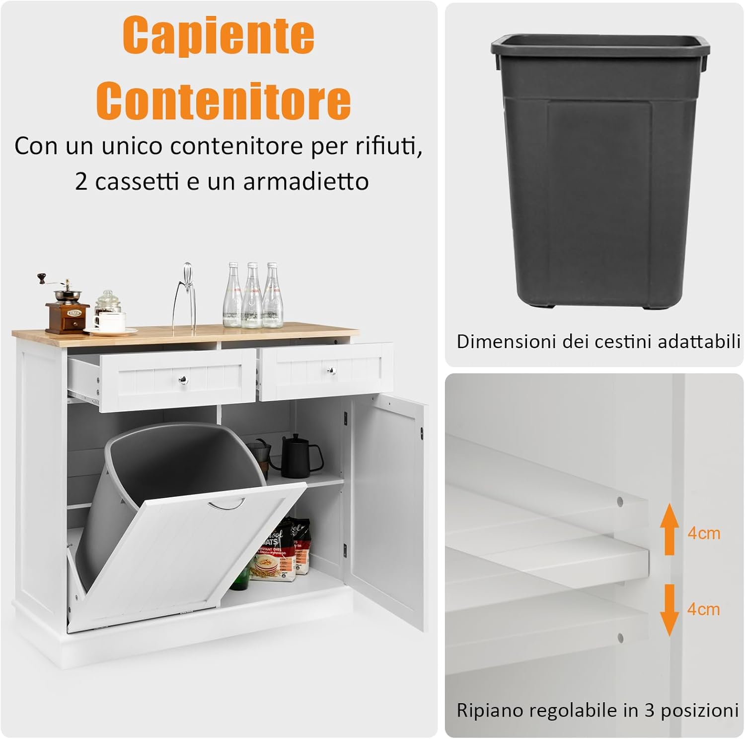 GYMAX Credenza da Cucina, Isola da Cucina con 2 Cassetti, Ripiano Regolabile, Vassoio in Gomma per Sala da Pranzo, Soggiorno, Adatto per Bidone (non incluso) da 42L, 100 x 35 x 90,5 cm (bianco)