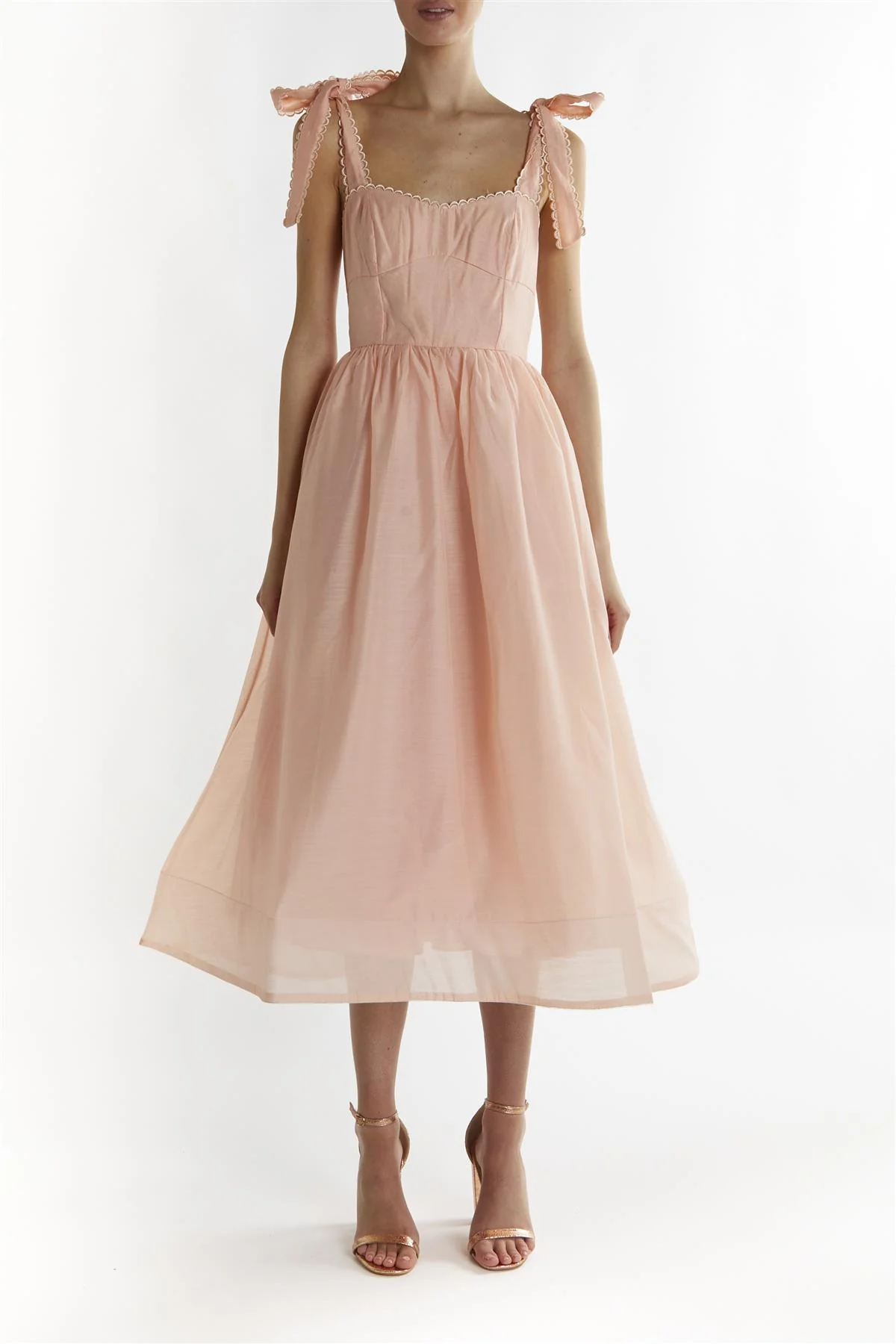 Dusty-Peach Tie-Strap Midi-Dress