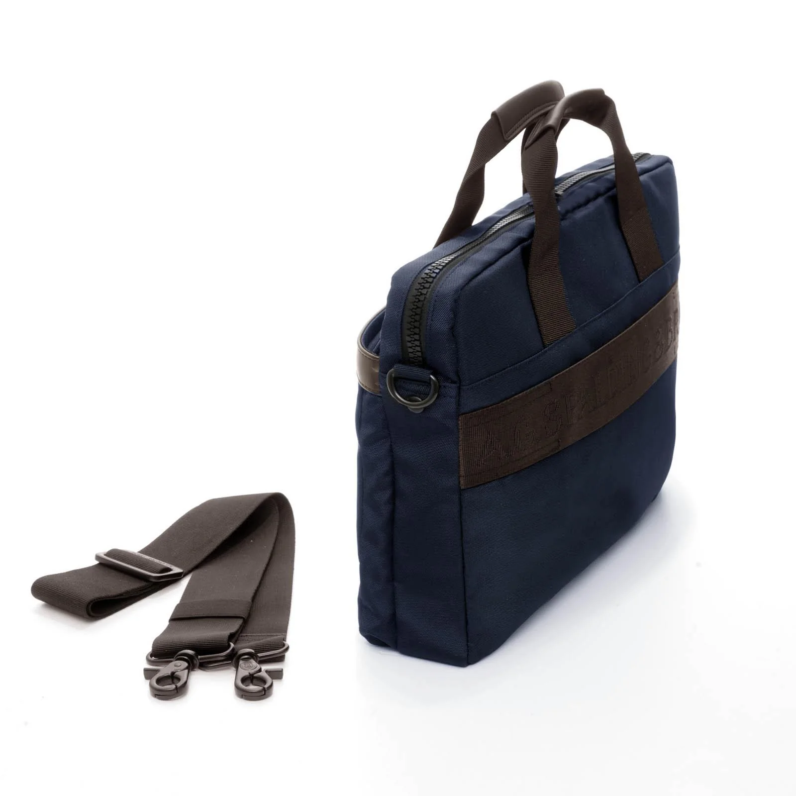 Cartella da uomo Spalding & Bros 1 Zip nylon bl�� e pelle marrone 309033U7030