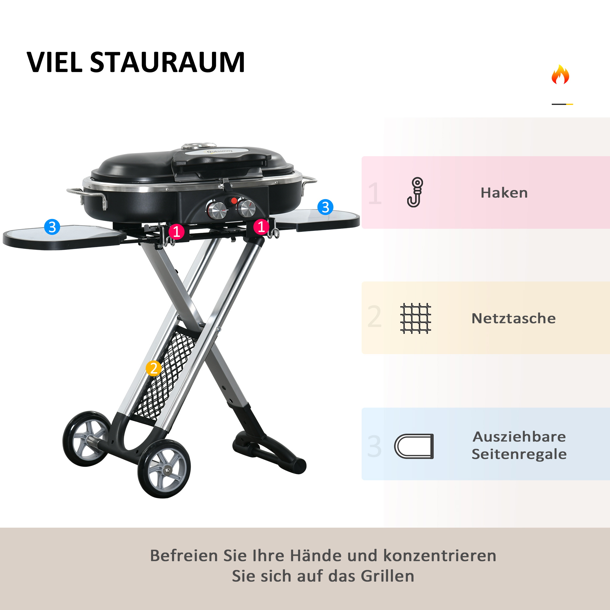 Outsunny Grillkar, inklapbaar, opbergrek, vetopvangbak, roestvrij, aluminium, 100 x 41,6 x 82,5 cm, zwart/zilver