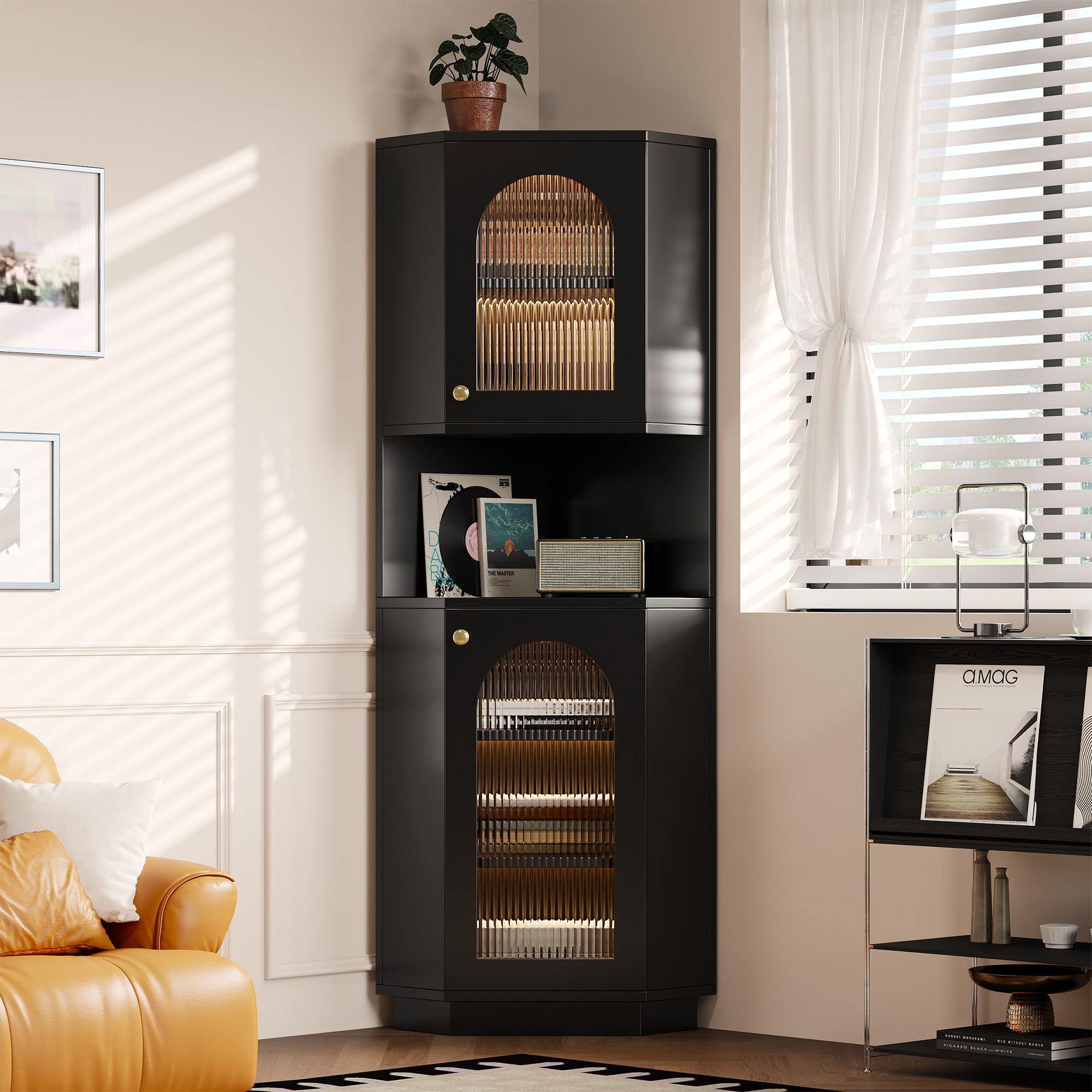 Badschrank mit Lichtleiste, Eckschrank mit zwei Ablagefächern, 45×45×166,5 cm, Schwarz