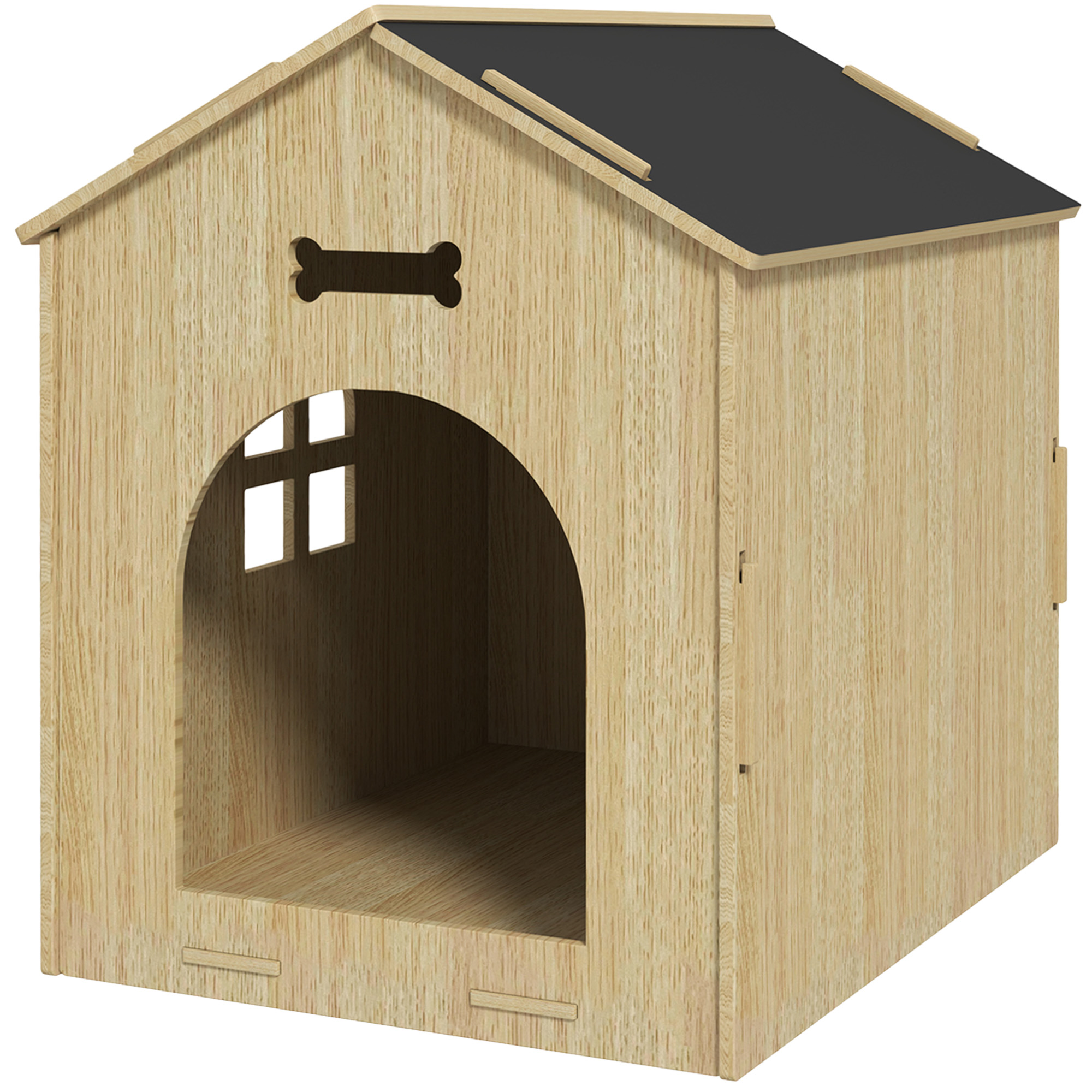 PawHut Innennische für Hunde Haus Innendesign aus Holz mit hohlen Knochenmustern Fenster 44 x 57 x 58 cm Eiche
