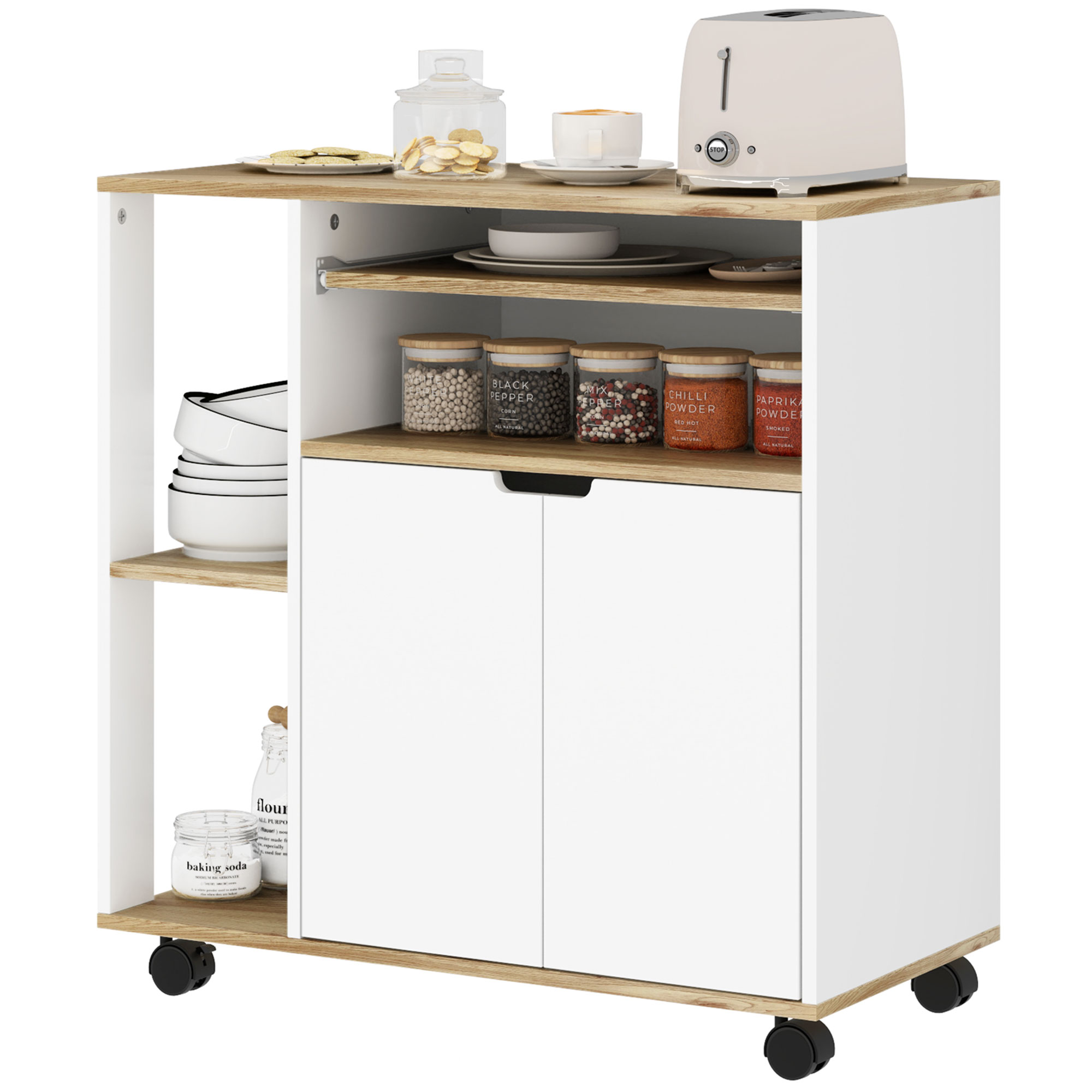 HOMCOM Rollender Küchenwagen mit Stauraum, Schrank, verstellbare Regale, für Küche, Wohnzimmer, Esszimmer, Weiß