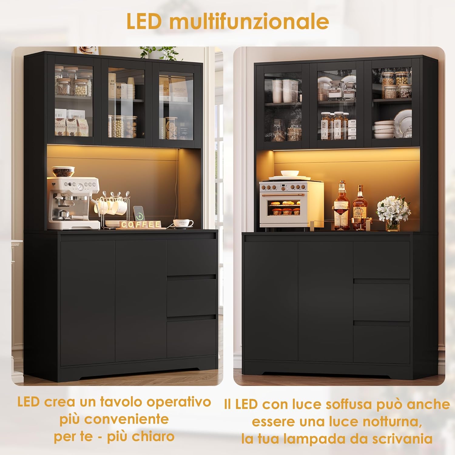 FirFurd Credenza Cucina, Credenza Alta con Luci a LED e Prese, Mobile Buffet con Cassetti e Armadi, Ripiani Regolabili, per Cucina, Soggiorno, Studio180x100x38,5cm (Nero)