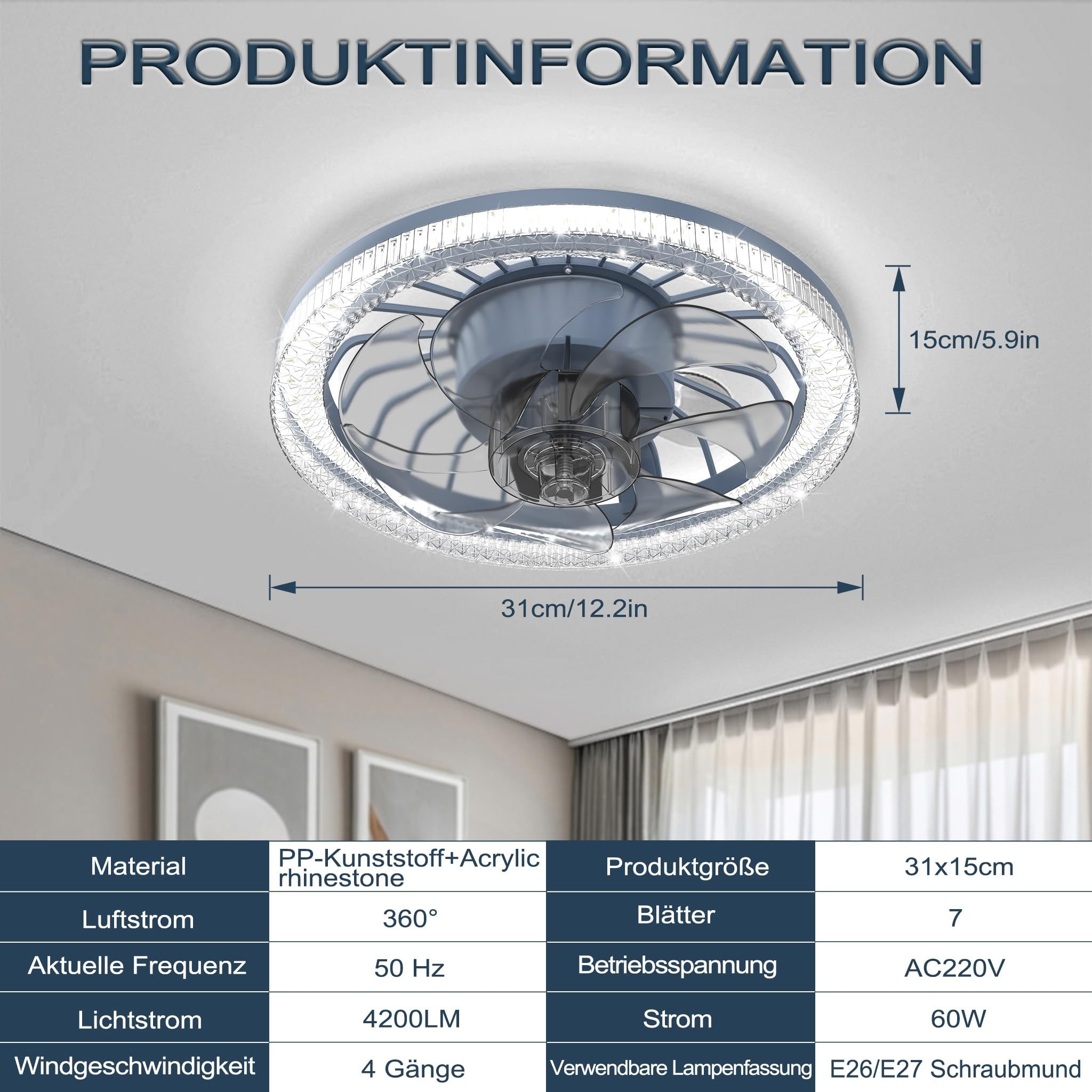 Deckenventilator 60W LED Deckenventilator E27 mit Beleuchtung