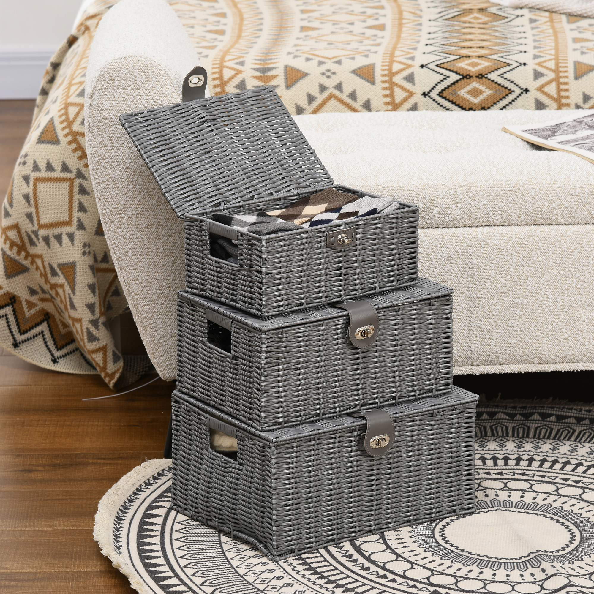 HOMCOM 3er-Set Aufbewahrungskörbe aus PE- Rattan, mit Verschluss, Tragegriffen, 35,5 cm x 28,5 cm x 18 cm, Grau