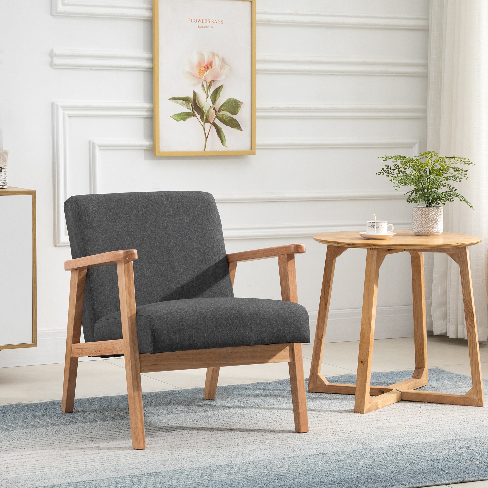 HOMCOM Lounge-Sessel Entspannungssessel Einzelsessel für Schlafzimmer Rahmen aus Hevea-Holz Bezug aus dunklem Leinenstoff
