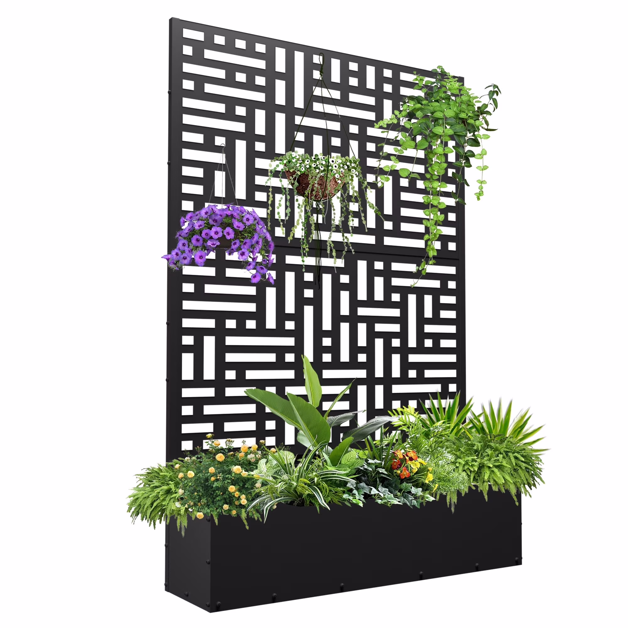 FOOWIN 71'' H Metal Planter with Trellis, Outdoor Raised Garden Bed for Climbing Plants, Trellis Planter Box with Drainage Hole, Black