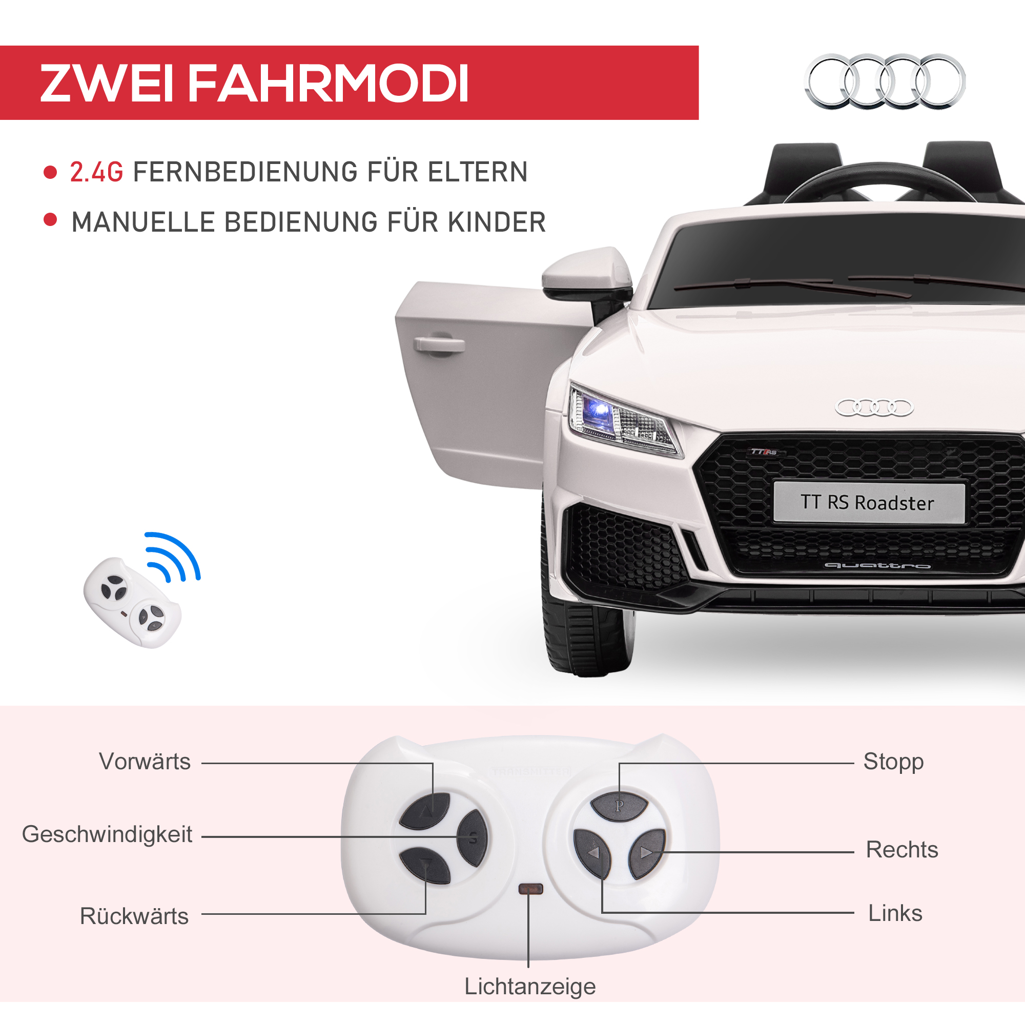 Kinder-Elektroauto Audi TT RS Roadster, 3 km/u, Afstandsbediening, LED, USB, Wit