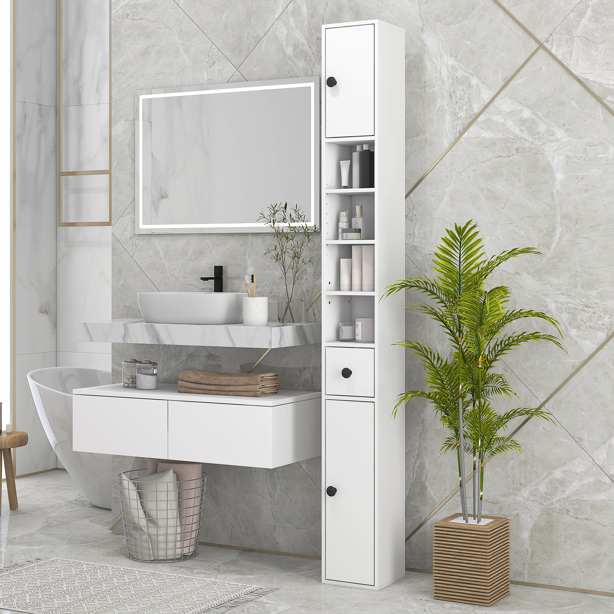 kleankin Hochschrank Aufbewahrungsschrank für Badezimmer 1 Schublade 4 verstellbare Regale und 2 Schränke 20 x 20 x 180 cm weiß