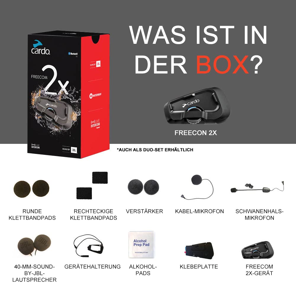 Cardo Motorrad Gegensprechanlagen Kit Bluetooth Freecom 2X Solo für Fahrer und Beifahrer Helmkommunikation