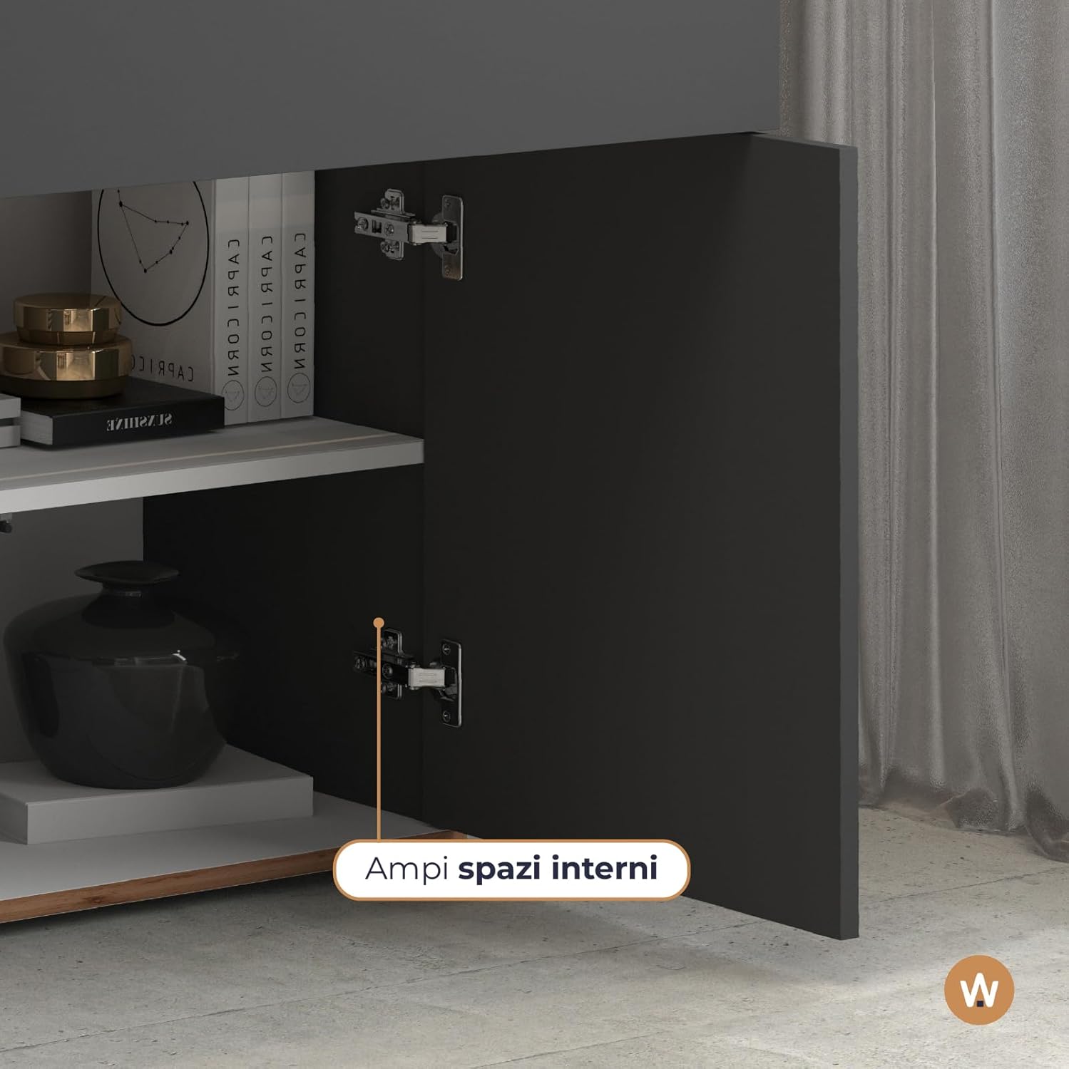 WHOUS Credenza e Buffet GARDA per Soggiorno con 2 Cassetti e 4 Ante, Madia per Salotto, Cucina e Sala da Pranzo in Legno, 160,1x35x70 cm, Antracite Opaco e Rovere
