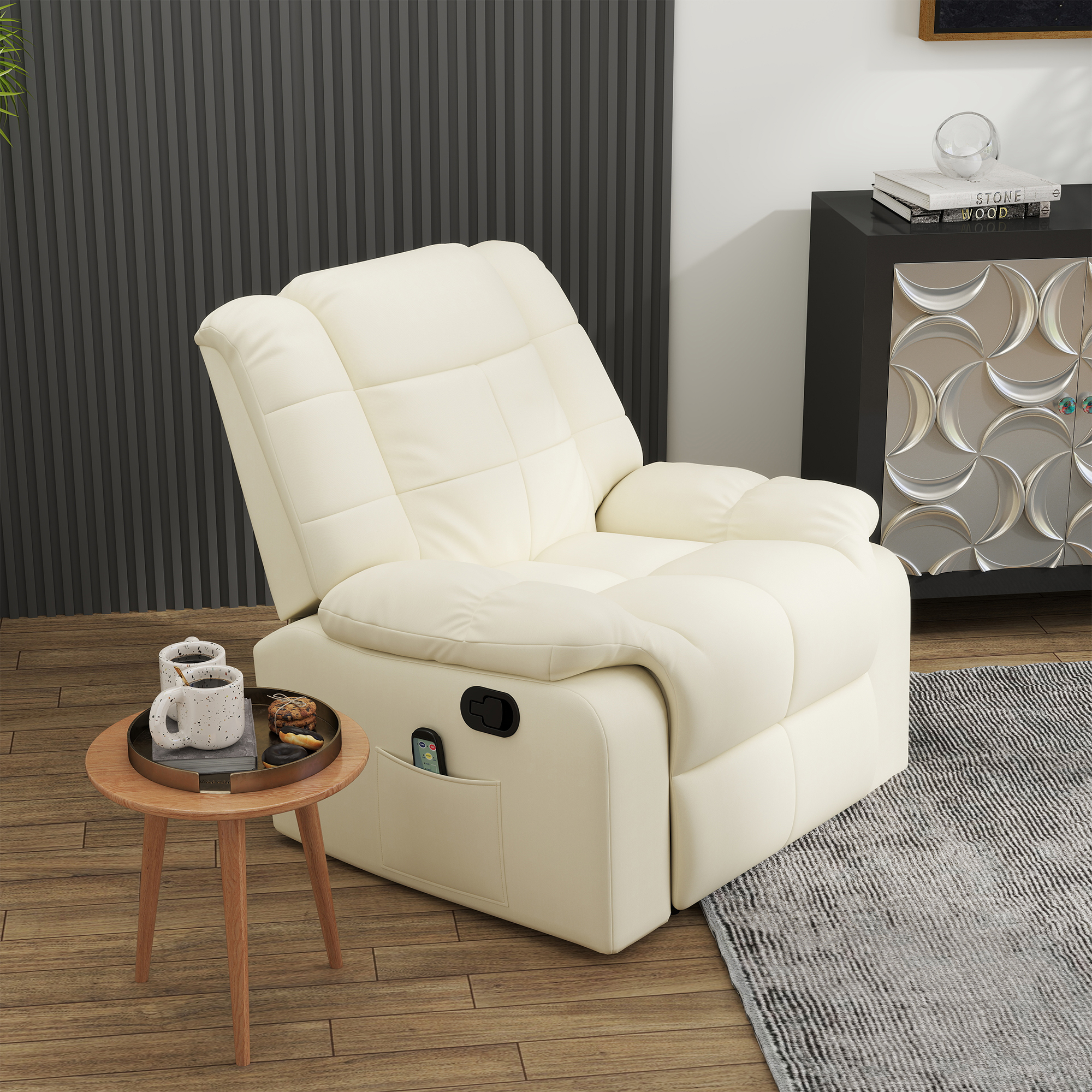 HOMCOM Massagesessel, Relaxsessel, 8 Vibrationspunkte, Liegefunktion, Kunstleder, cremeweiß, 94x99x99cm