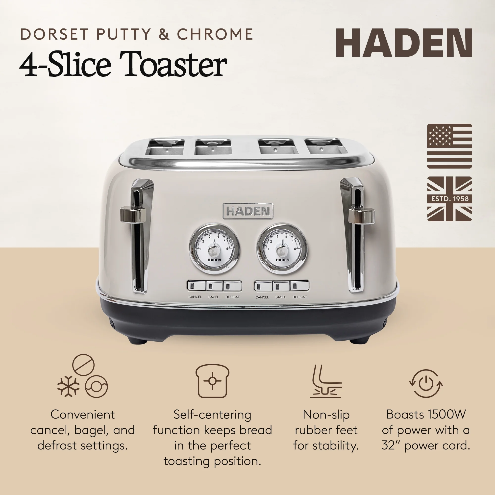 HADEN Dorset Stainless Steel 4-Slice Toaster with Browning Control, Cancel, Reheat and Defrost Settings