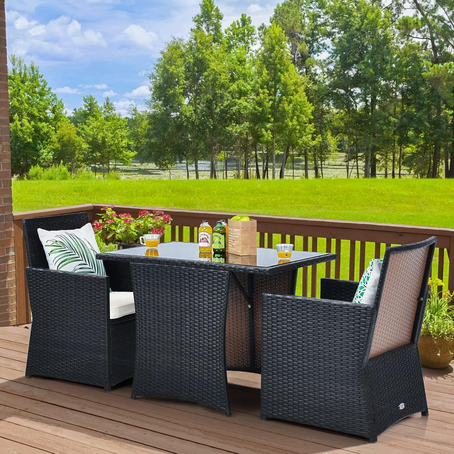 GIANTEX Set di Mobili da Giardino in Rattan,Tavolo da Pranzo con 2 Sedie, Set di Mobili da Balcone in Rattan per 2 Persone, Set da Balcone Salvaspazio