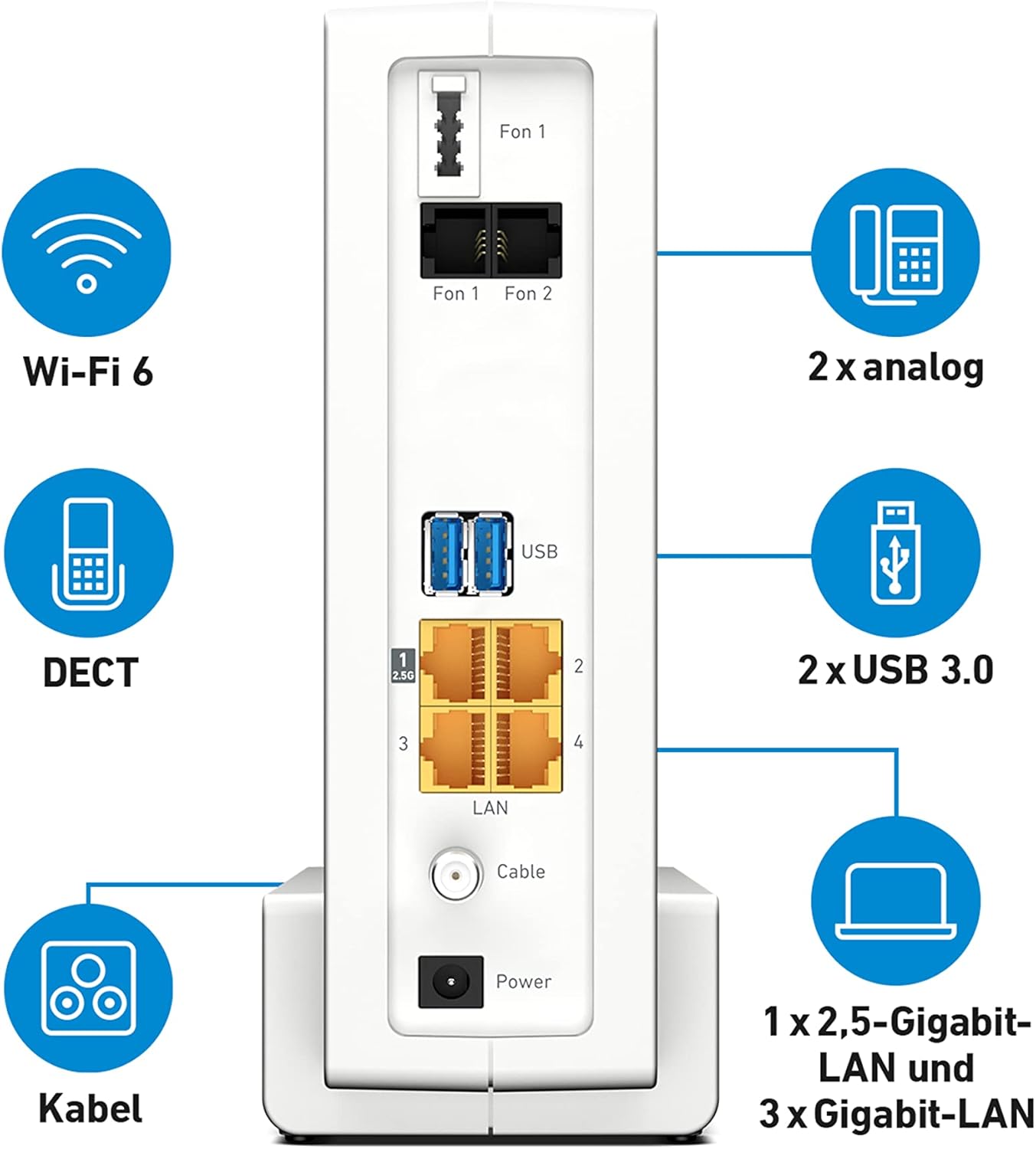 FRITZ!Box 6690 Cable | Router für einen Kabelanschluss (DOCSIS 3.1-Kabel-Modem, 4x4 Wi-Fi 6 (WLAN AX) mit 4.800 MBit/s (5 GHz) + 1.200 MBit/s (2,4 GHz), 1x 2,5-Gigabit-LAN-Anschluss, USB 3.0, DECT)