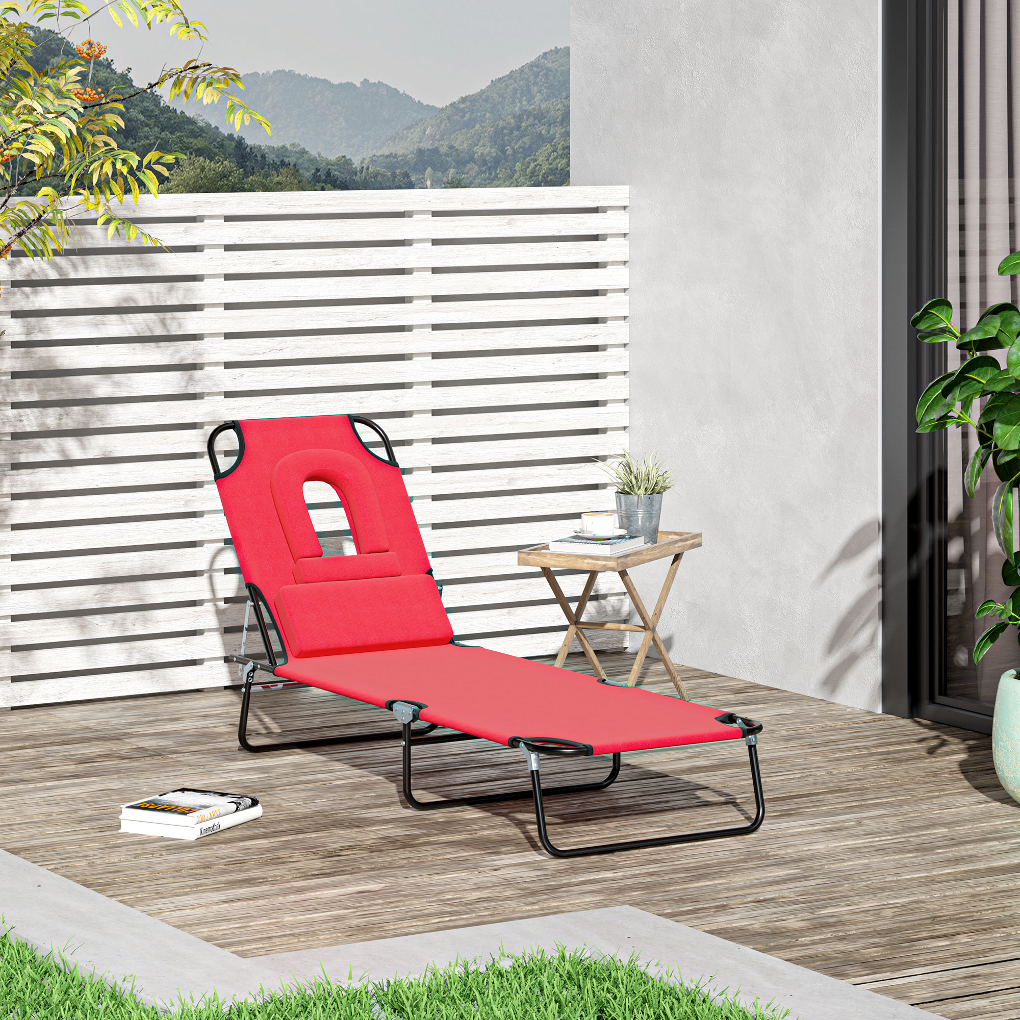 Outsunny Sonnenliege klappbarer Strandliege 4-fach verstellbare Gartenliege mit Leseloch 3 Kissen Rot