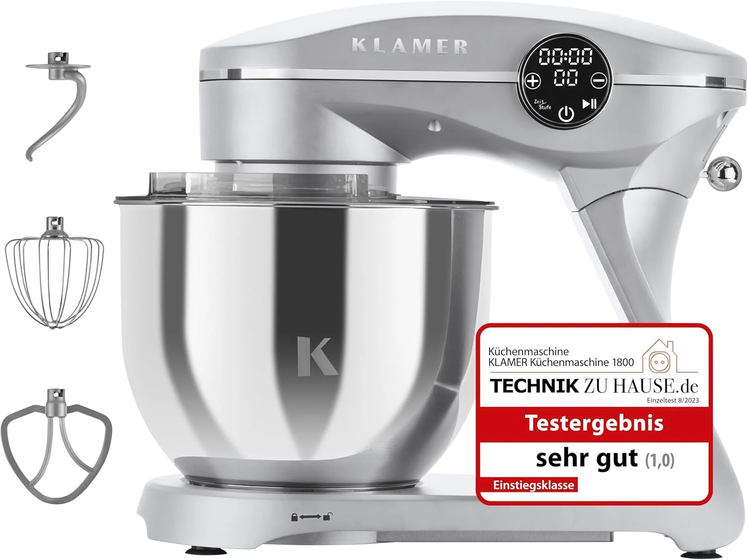 KLAMER Küchenmaschine 1800W, Knetmaschine Brotteig mit 6L Edelstahlschüssel