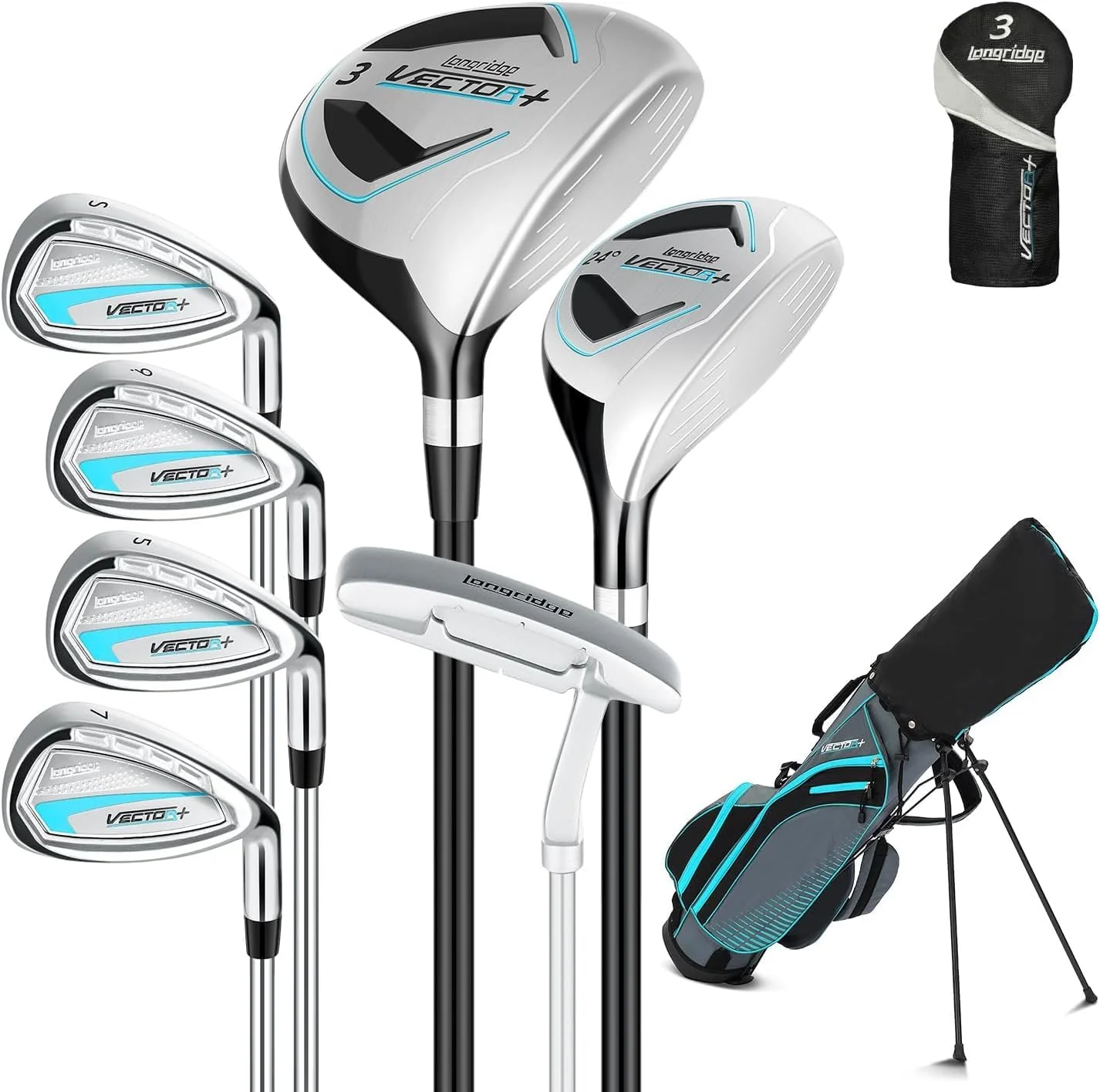 8 sets of complete men's golf clubs (left and right hand versions) suitable for men/women. Includes a stand bag and a bag with a rain cover.