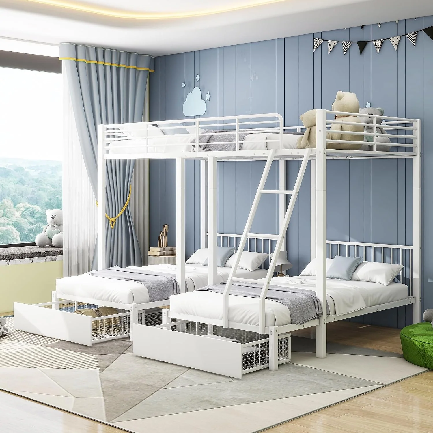 Dreifaches Etagenbett mit 2 Schubladen, umwandelbar in 140x200 Doppelbett&zwei 90x200 Einzelbetten, Kinderbett Hochbett für 4 Kinder, Weiß