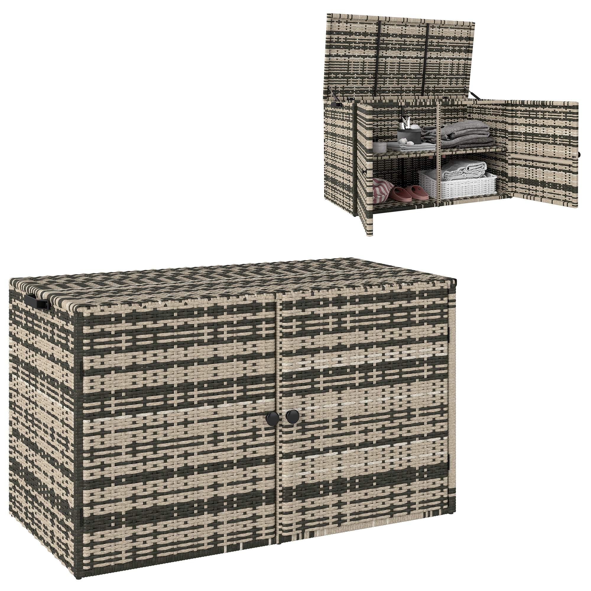 Outsunny Rattan Auflagenbox 350L 2-Ebenne Kissenbox mit Deckel Hebestangen Tragegriffe 118 x 57 x 69 cm Mischgrau