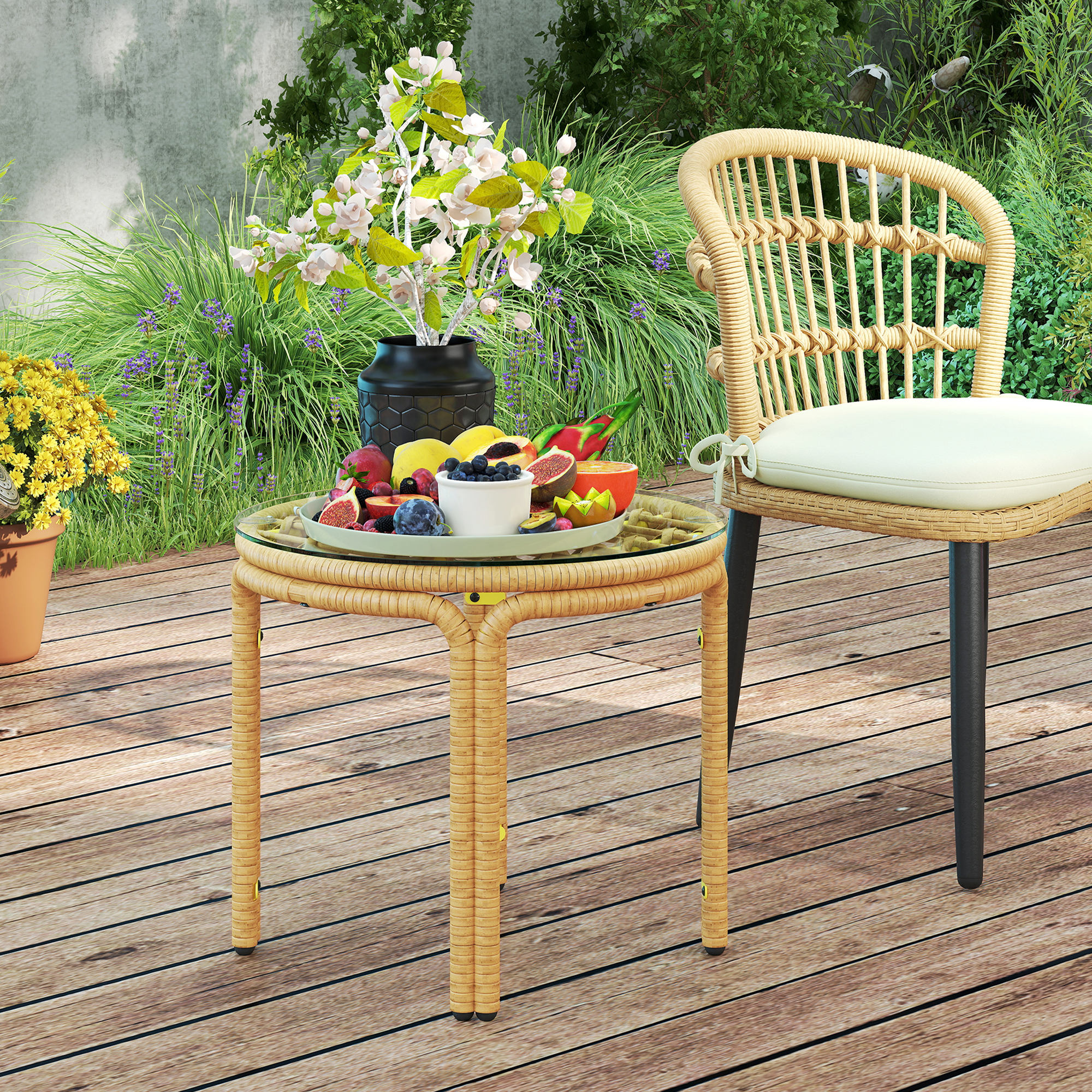 Outsunny Beistelltisch aus Polyrattan runder Couchtisch mit Glas Tischplatte Nachttisch Ø50 cm Gelb