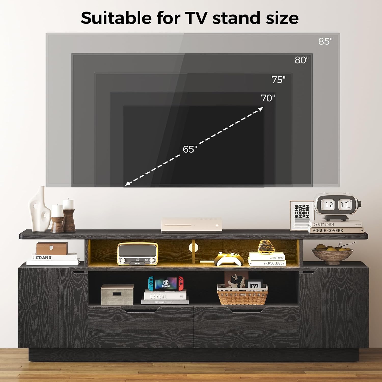 IRONCK TV Stand for TVs 85 inch with Power Outlet and LED Lights, Entertainment Center with Storage Cabinets, Media TV Console with Drawers, Modern TV Stand for Living Room, Black
