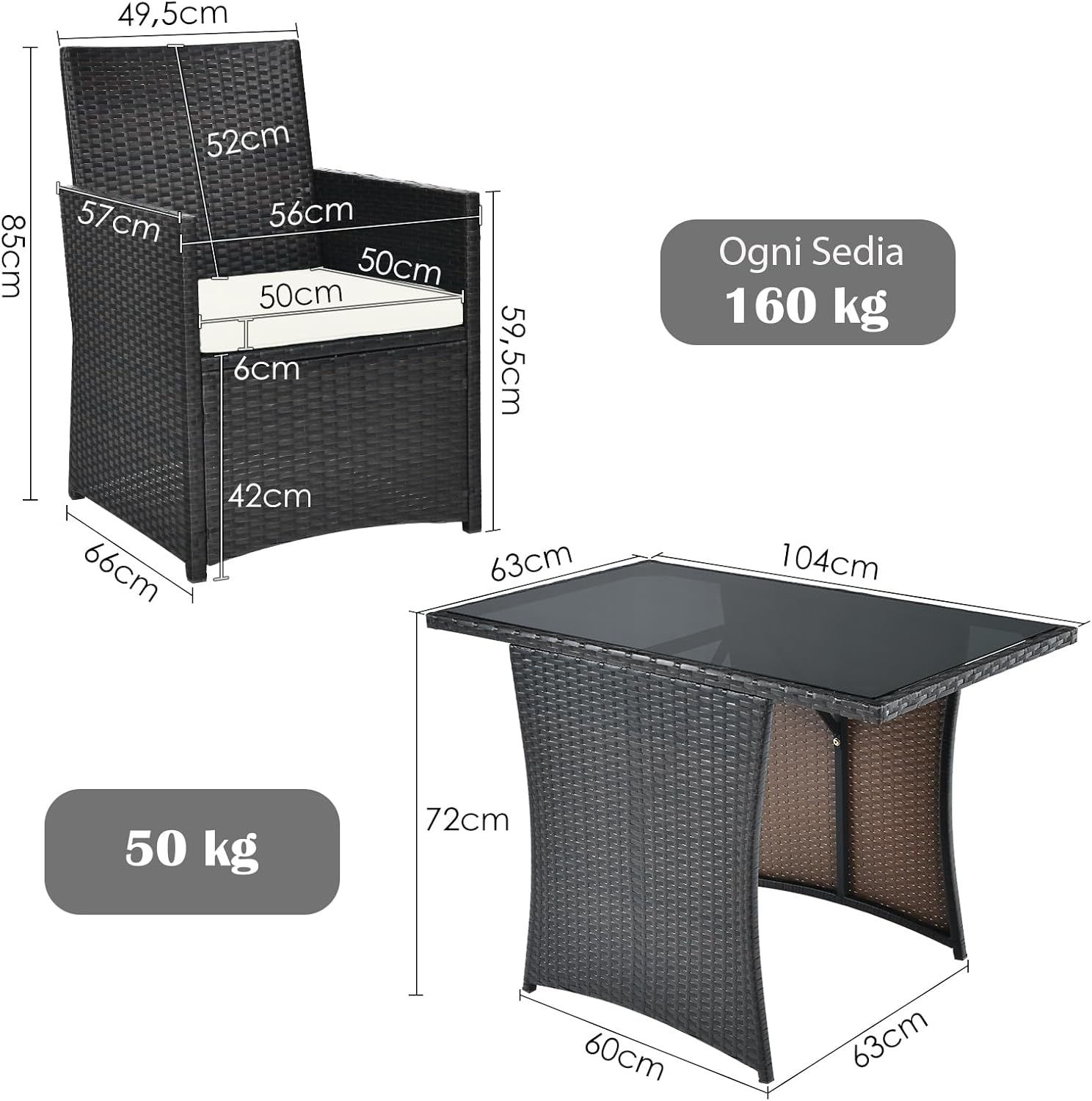 COSTWAY 3 Pezzi Set Mobili da Esterno, Set da Giardino in Rattan PE Salvaspazio con Piano Tavolo in Vetro Temperato e Sedie Imbottite, Tavolo e Sedia da Balcone