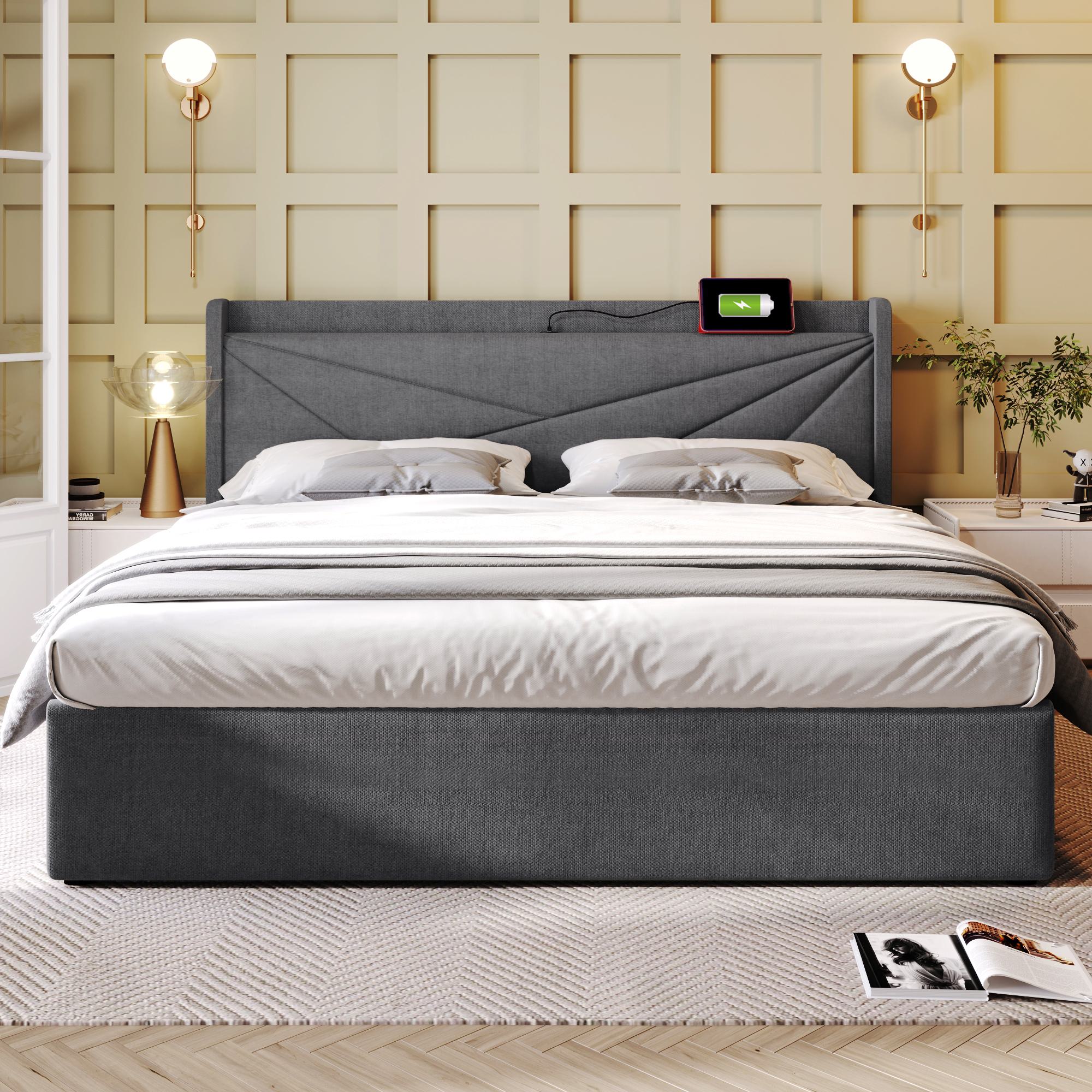 Doppelbett mit Stauraum und USB-Typ-C-Ladefunktion, Leinenstruktur, ohne Matratze,180x200 cm,Grau