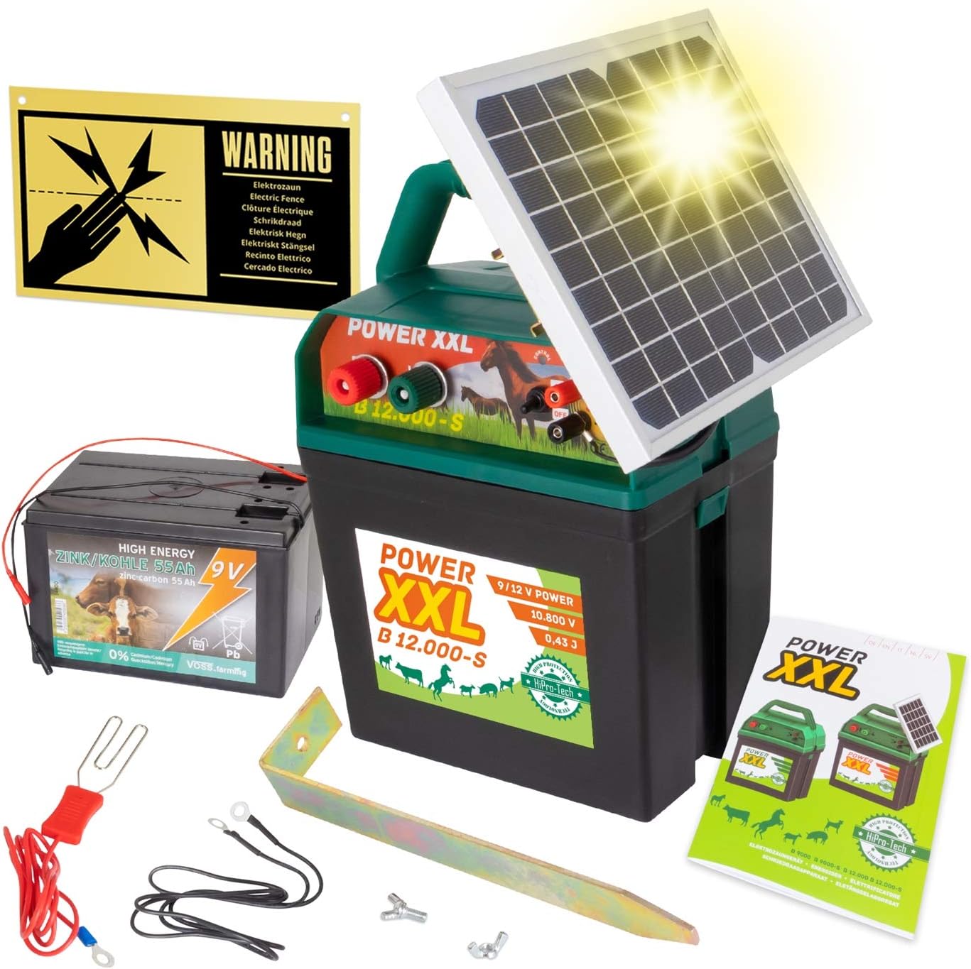 Elettrificatore Power XXL B 12.000-S da 9 V /12 V incl.Batteria | Elettrificatore ad Un Prezzo imbattibile |con efficiente modulo Solare| Ideale per recinzioni per Cavalli, Pony