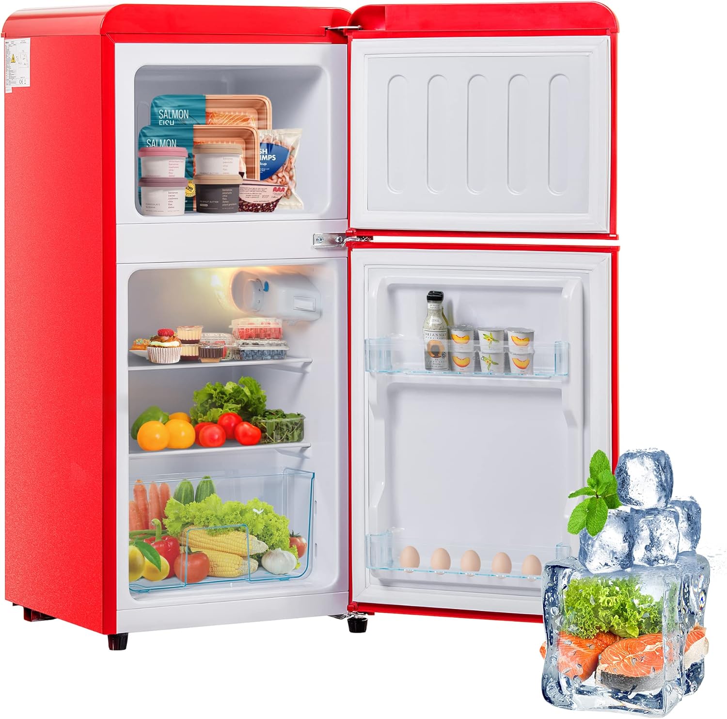 Frigorifero retrò completo, rosso, doppia porta, 60 l, compatto (88,8 cm), classe energetica E con congelatore da 22 l, per cucina/soggiorno, sbrinamento manuale