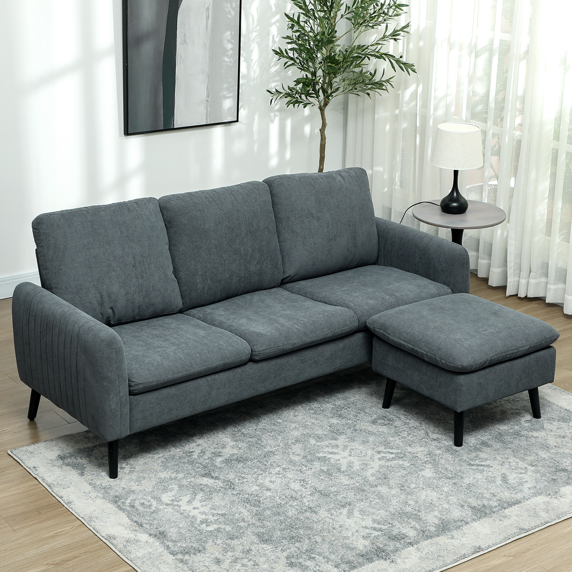 HOMCOM Ecksofa, 3-Sitzer-Sofa mit Fußhocker, Stoffbezug, L-förmiges Couch-Set, Dunkelgrau