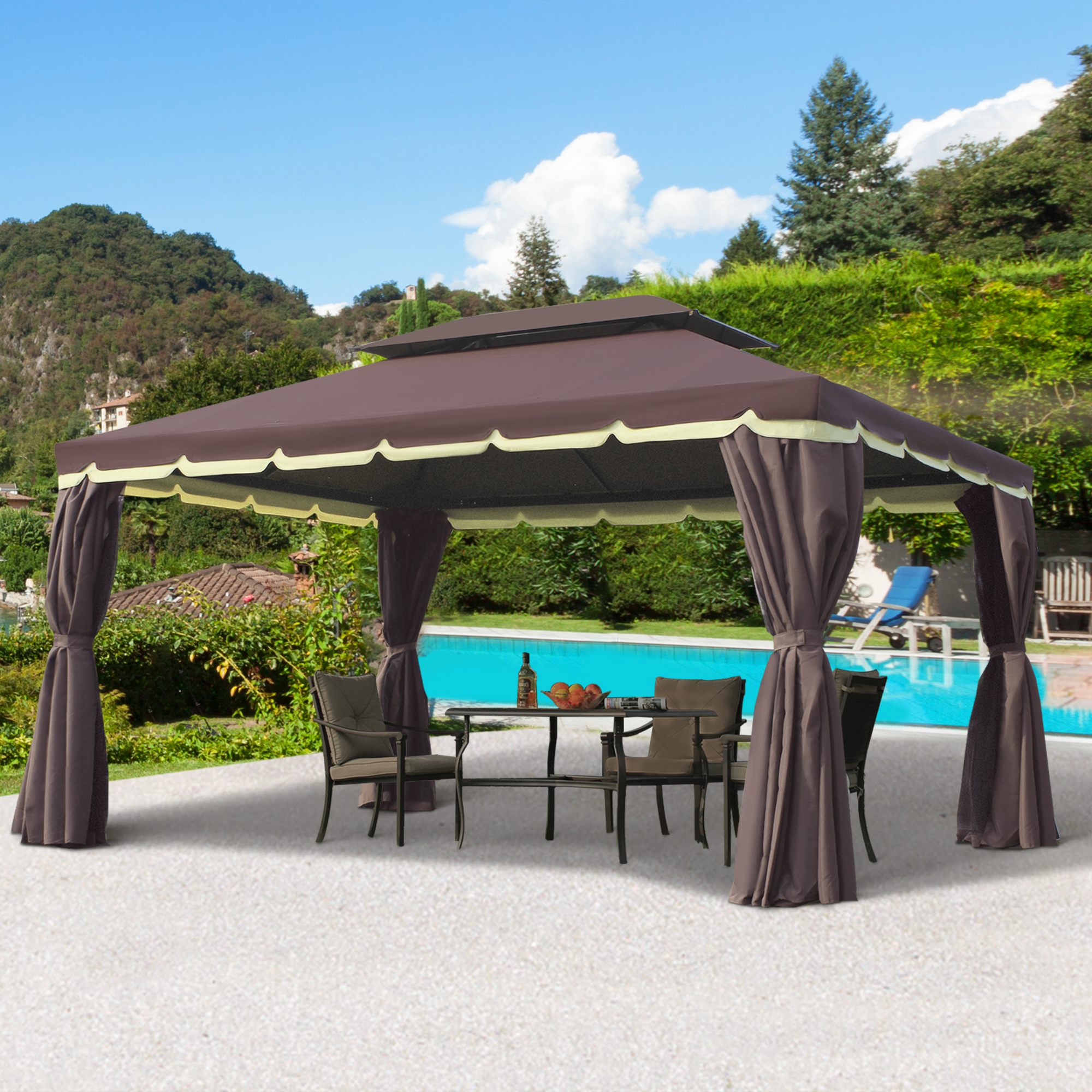 Outsunny Gartenpavillon Pavillon 390 x 290 x 280 cm Gartenzelt Festzelt Partyzelt mit 4 x Seitenteile Moskitonetz wetterfest Aluminium Polyester Kaffee+Schwarz