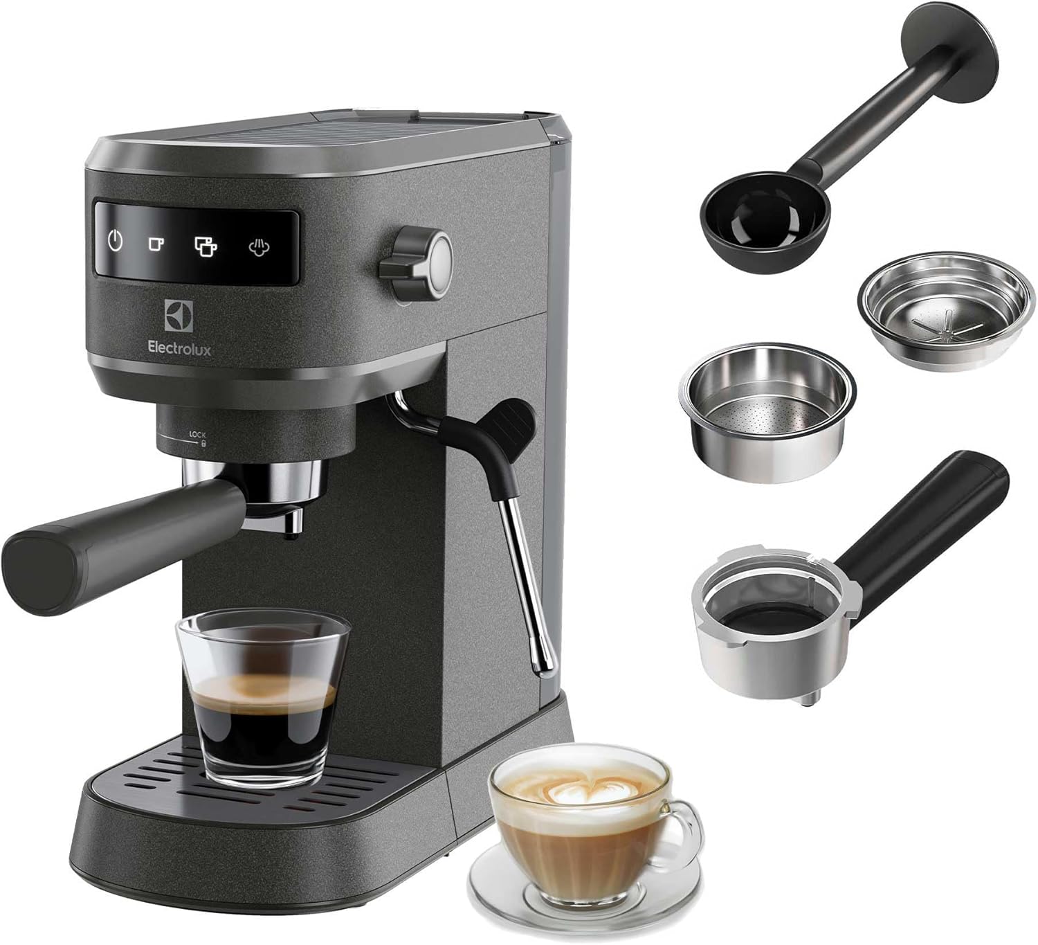 Electrolux Explore 6 Espresso and Cappuccino Maker E6EC1-6BST 2 Cups ThermoBlock Technology 2-1 Filter Set Included, Coffee Powder and E.S.E. Pods - Black
