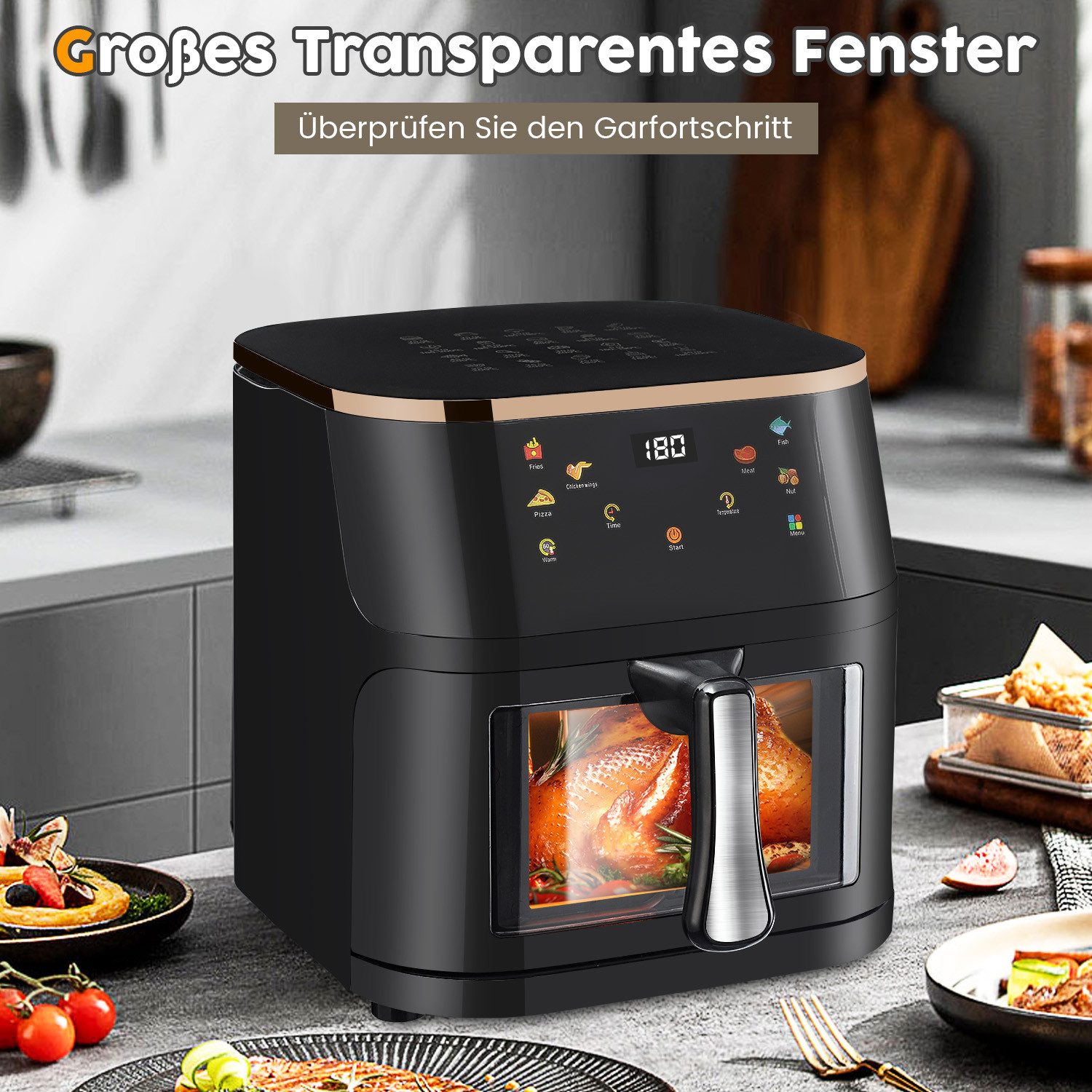 Heißluftfritteuse Air Fryer 9L XXL Heissluftfritteuse mit Sichtfenster, LED-Display, einstellbare Temperatur, 60-Minuten-Timer, Gesunde Friteuse ohne Öl