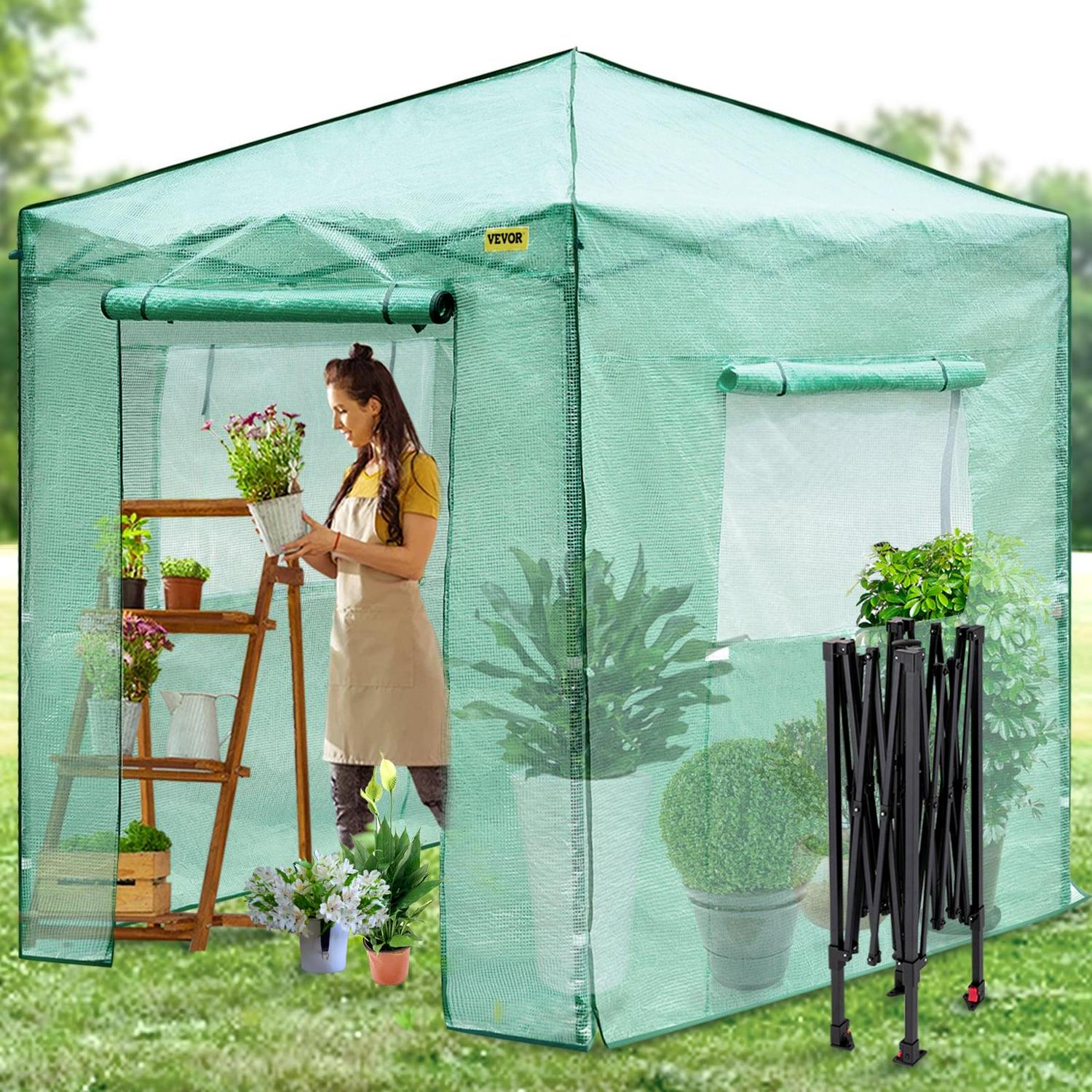 VEVOR 8x6ft Portable Pop up Walk in Greenhouse, Waterproof & UV Resistant, with Roll Up Door & Windows for Gardening