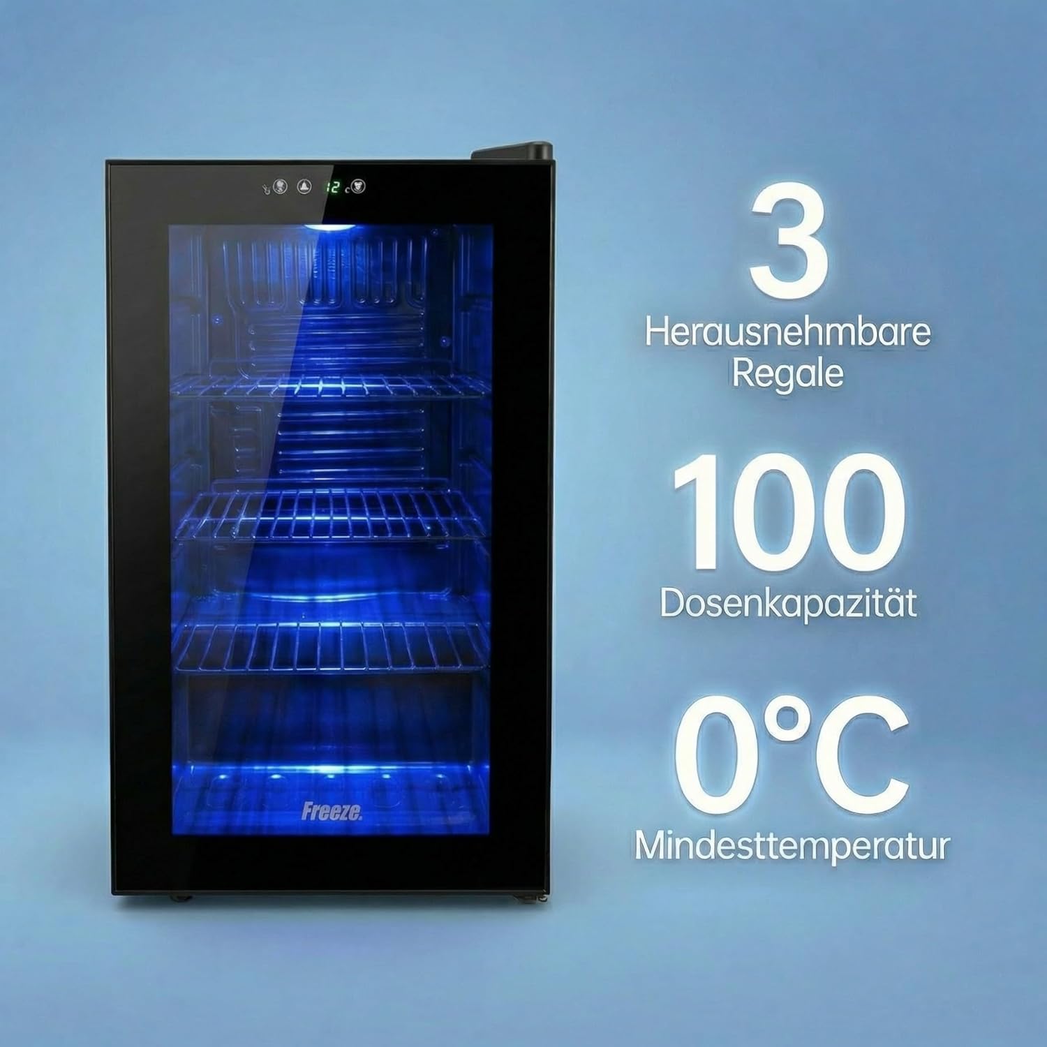 FREEZE. 70L Getränkekühlschrank, Mini-Kühlschrank für 126 Dosen, Glastürkühlschrank, Weinkühler, kleiner Kühlschrank mit Glastür und verstellbaren Regalen für Zuhause/Bar/Büro, frostfrei, Schwarz
