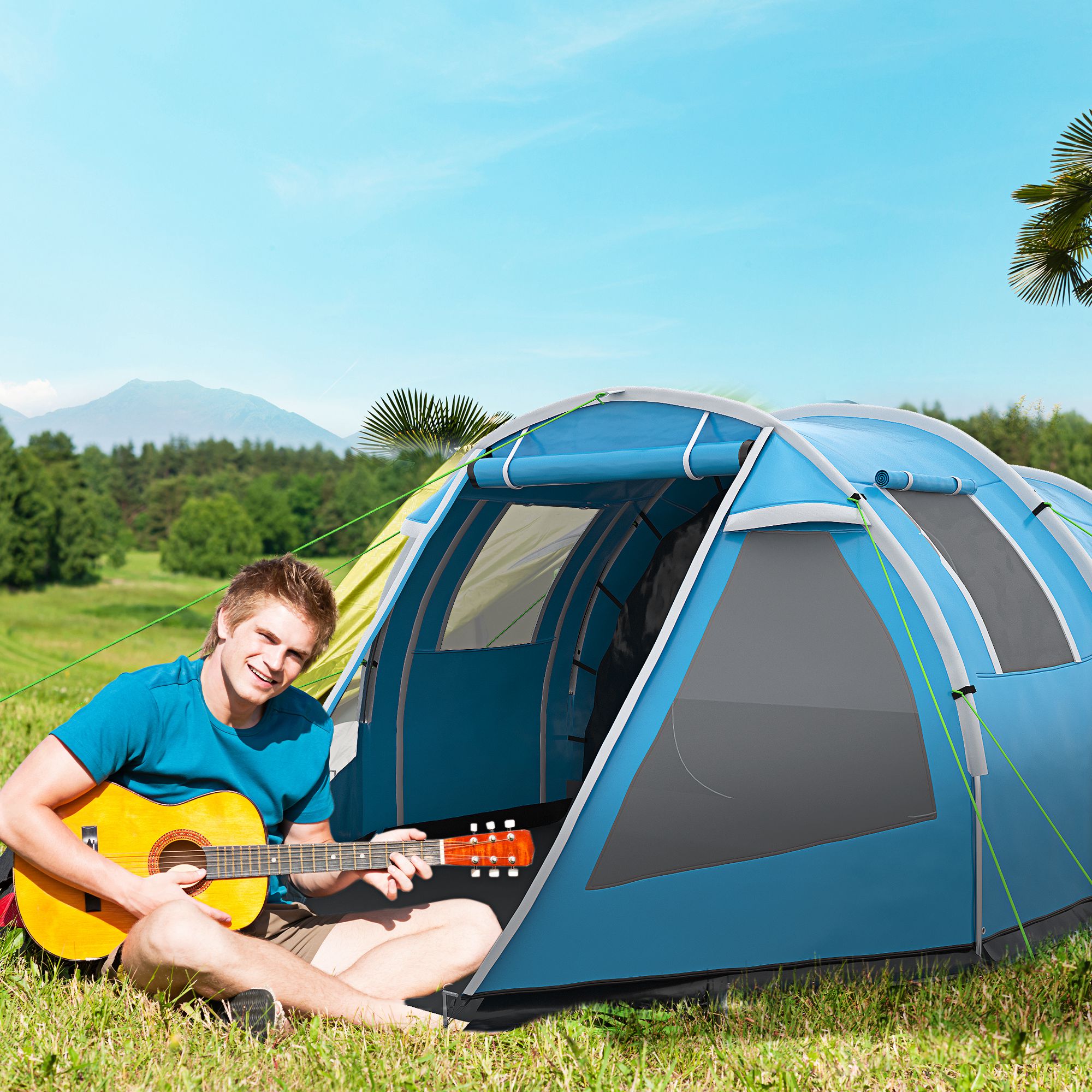 Outsunny Campingzelt Trekkingzelt Zelt, wetterbeständig, 2 Räume,  475 x 264  cm Breite x 172, Blau
