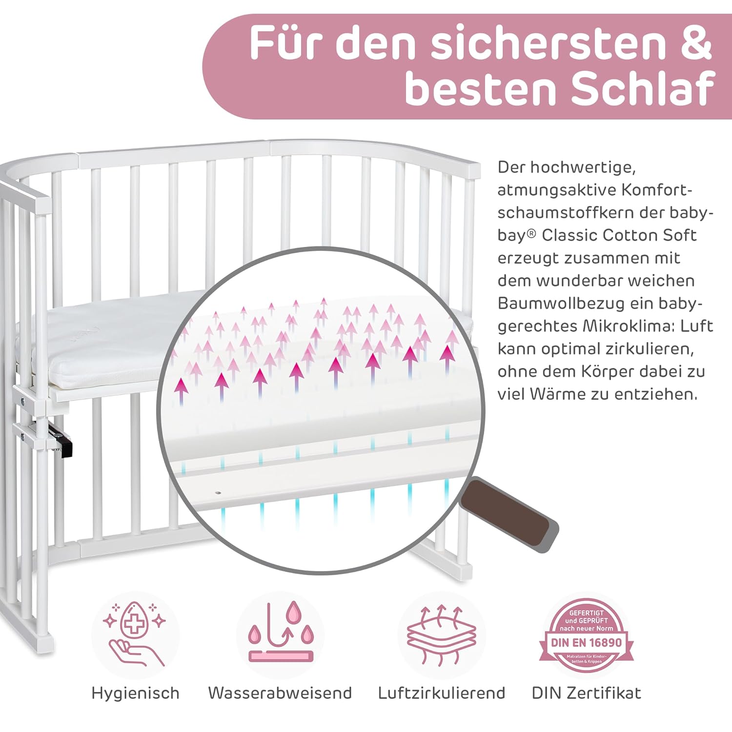 babybay Original Beistellbett aus massivem Buchenholz / kompakt & verwandelbar / Kinderbett Höhe stufenlos verstellbar & umweltfreundlich / mitwachsendes Babybett (weiß lackiert) / inkl. Matratze