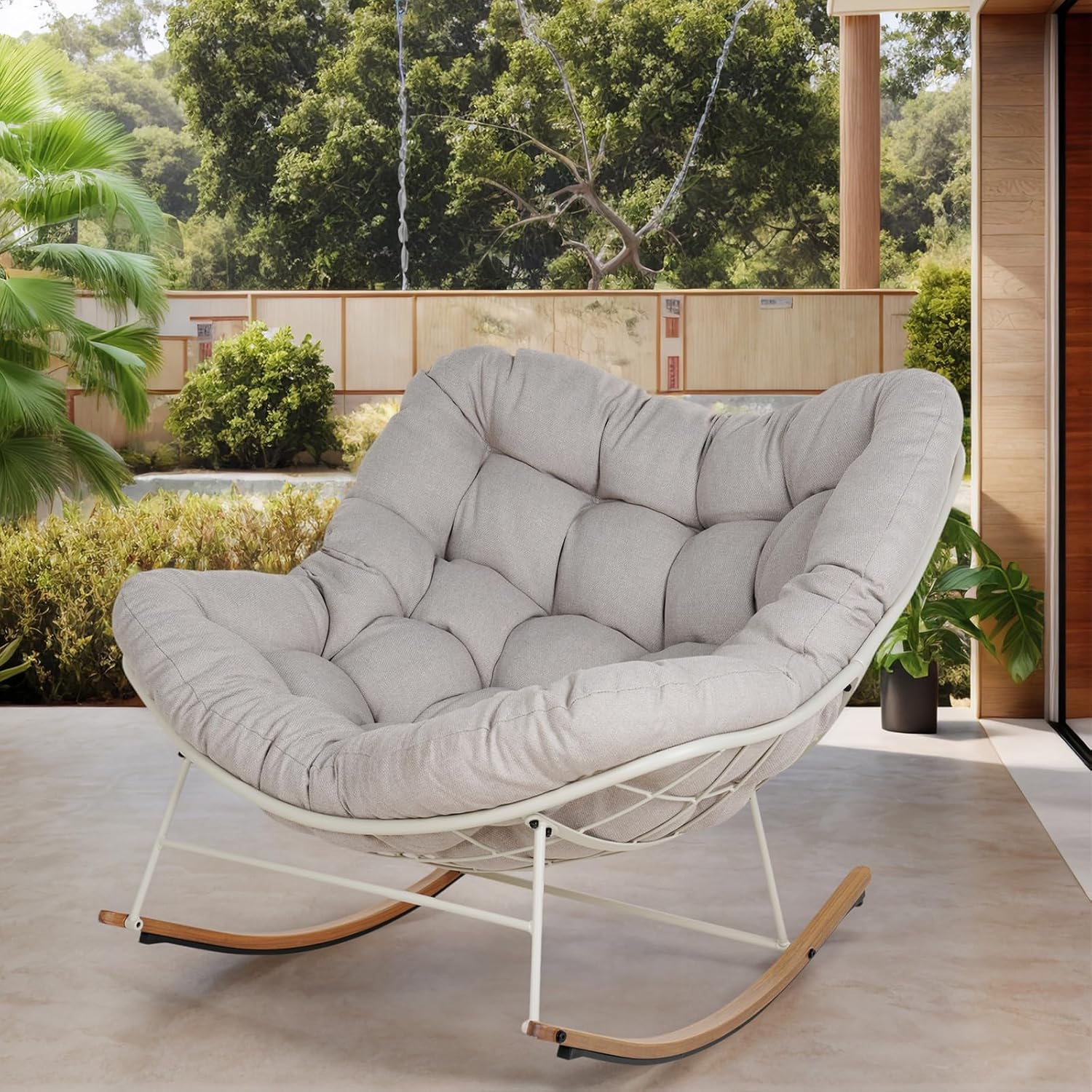 Grand Patio Schaukelstuhl Garten Schwingsessel schaukelsessel Wohnzimmer Relaxstuhl mit gepolsterter, bis 150 kg belastbar für Garten, Schlafzimmer, Wohnzimmer, Ecke, Veranda, Cremeweiß