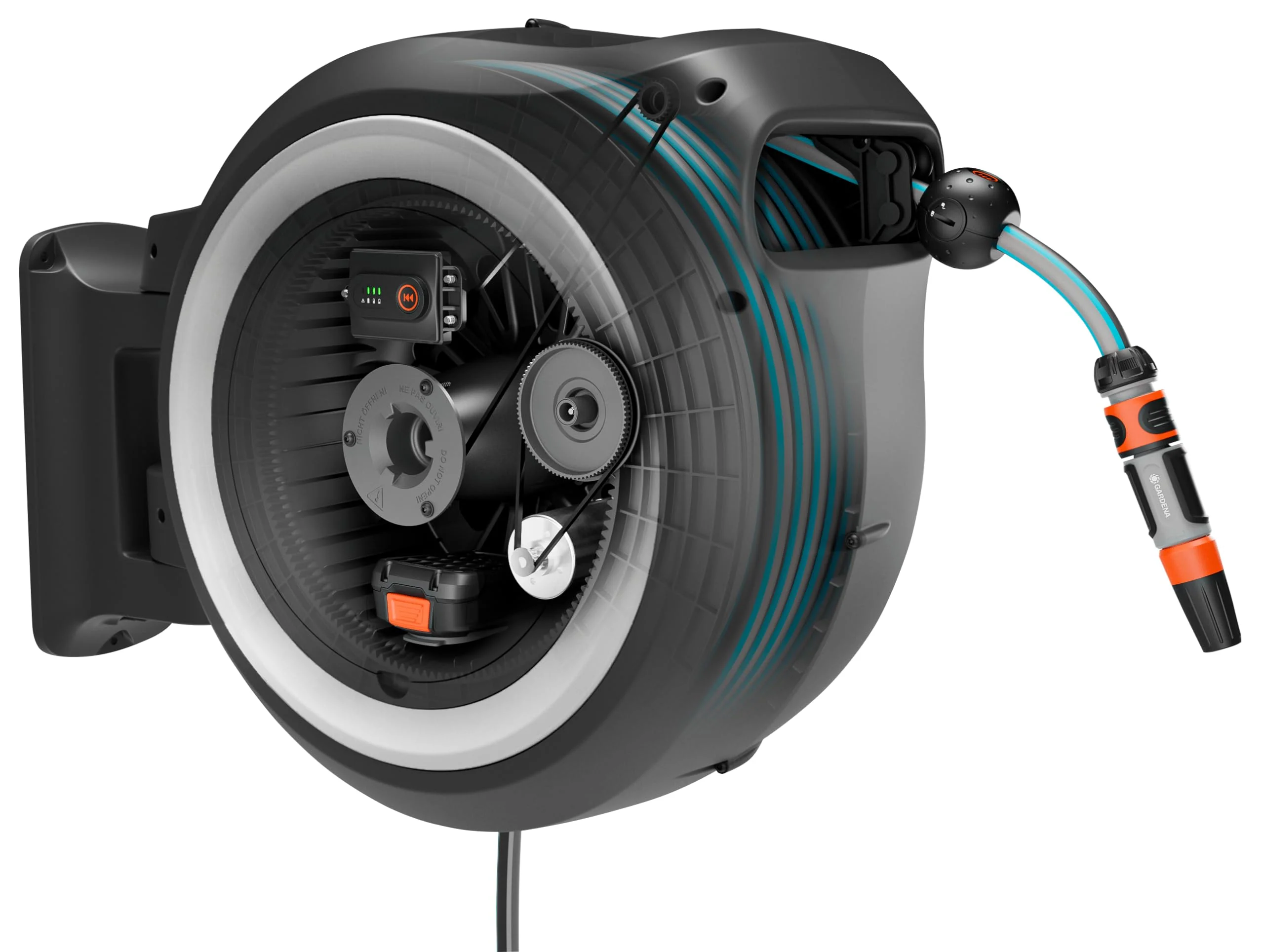 Gardena Avvolgitubo a parete a batteria PowerRoll XL Set pronto all’uso: Avvolgitubo automatico con 35 m di tubo da giardino, guida tubo e RollControll, set completo con batteria (18642-20)