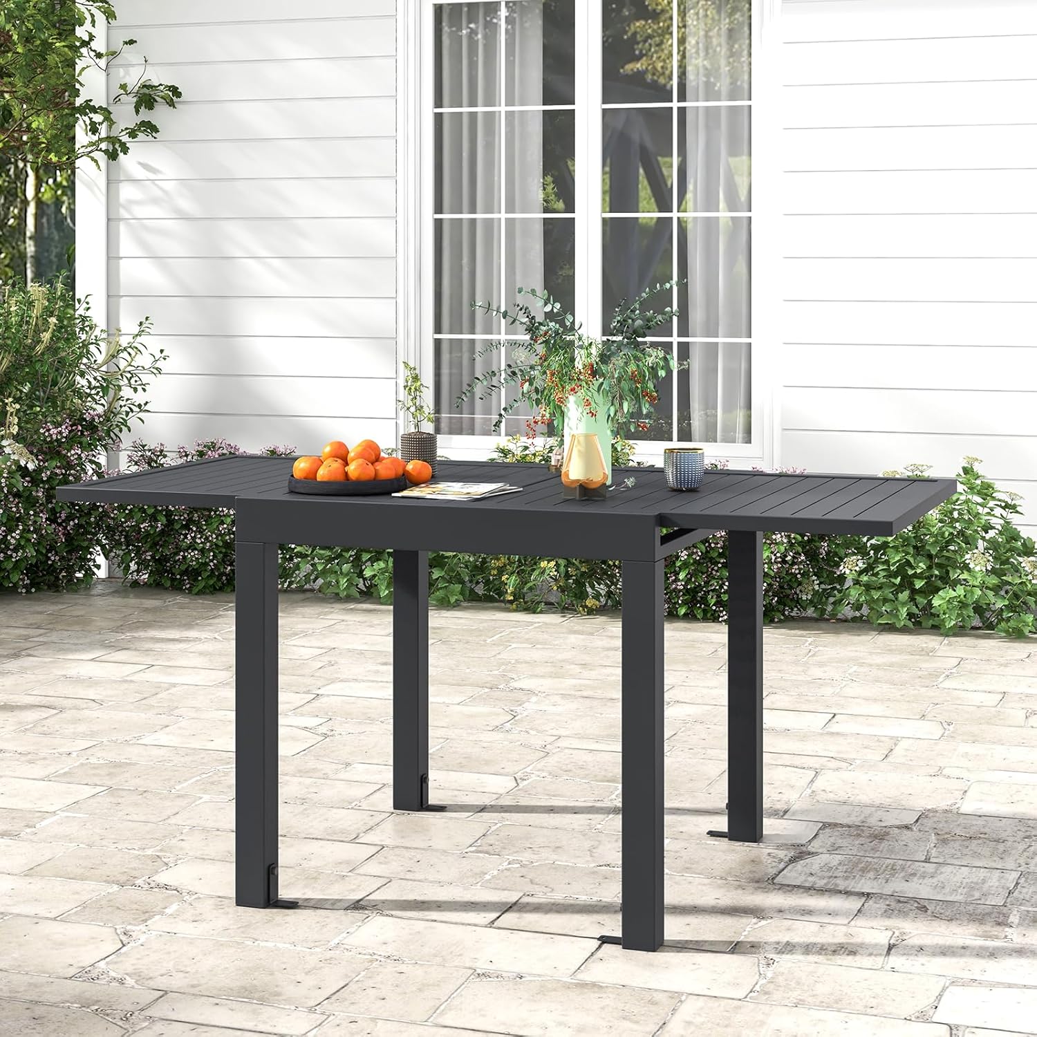 COSTWAY Gartentisch Aluminium ausziehbar, 80/160x80cm, Esstisch wetterfest, rechteckiger Terrassentisch mit Lattentischplatte für 4-6 Personen, Ausziehtisch für Garten, Terrasse