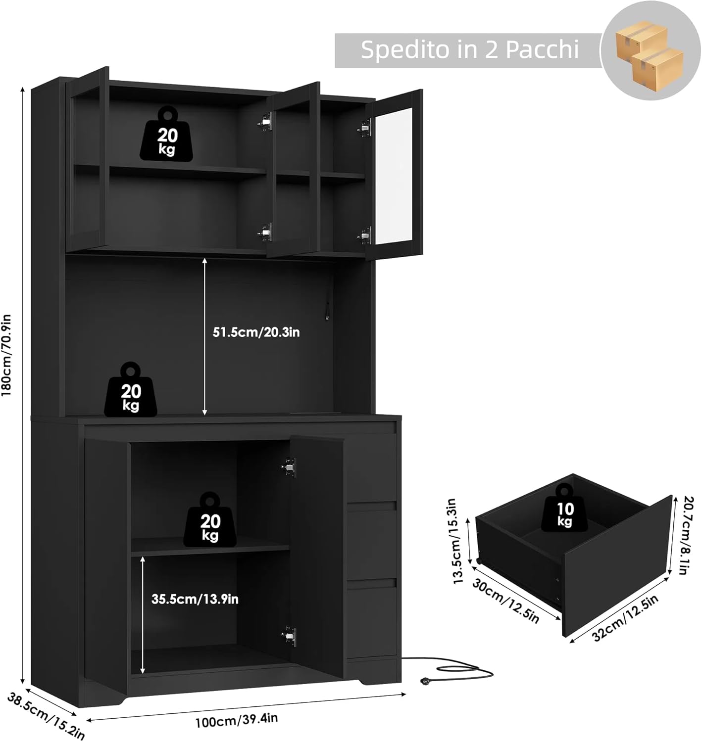 FirFurd Credenza Cucina, Credenza Alta con Luci a LED e Prese, Mobile Buffet con Cassetti e Armadi, Ripiani Regolabili, per Cucina, Soggiorno, Studio180x100x38,5cm (Nero)