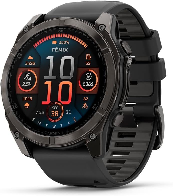 fēnix® 8-51 mm AMOLED Saphir Premium Multisport GPS Smartwatch, langlebige Akkulaufzeit, Tauchbewertet, integrierte LED-Taschenlampe, Carbon Gray DLC Titanium mit Pebble Gray Band