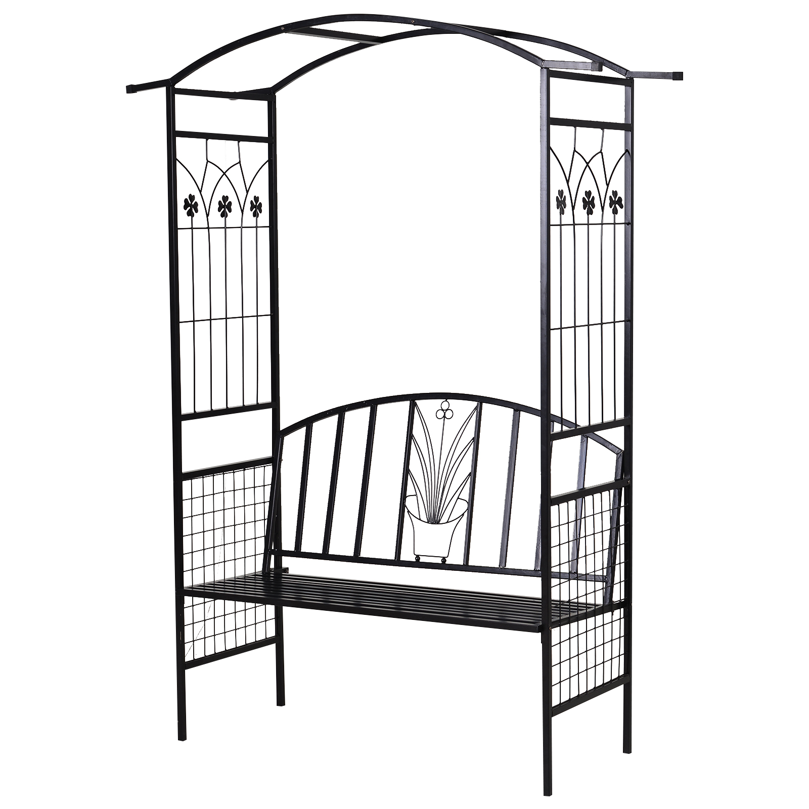 Outsunny Pflanzbogen mit Bank Sitzbank Torbogen Rankgitter Rankhilfe Garten Bogendach Metall Schwarz 154 x 60 x 205 cm