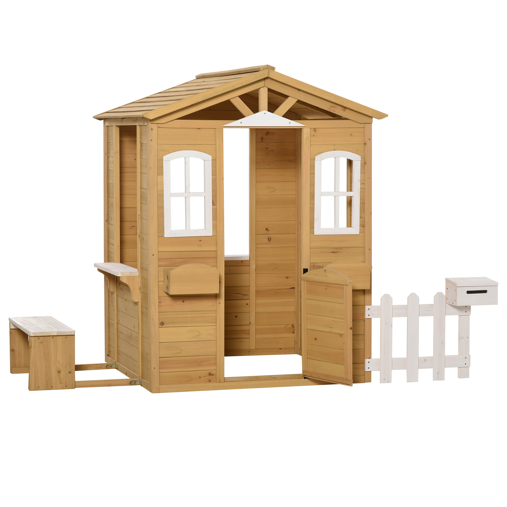 Outsunny Houten kinderspeelhuis Tuinspeelhuis met deur, ramen, plantenbak en bankje voor kinderen 3-6 jaar